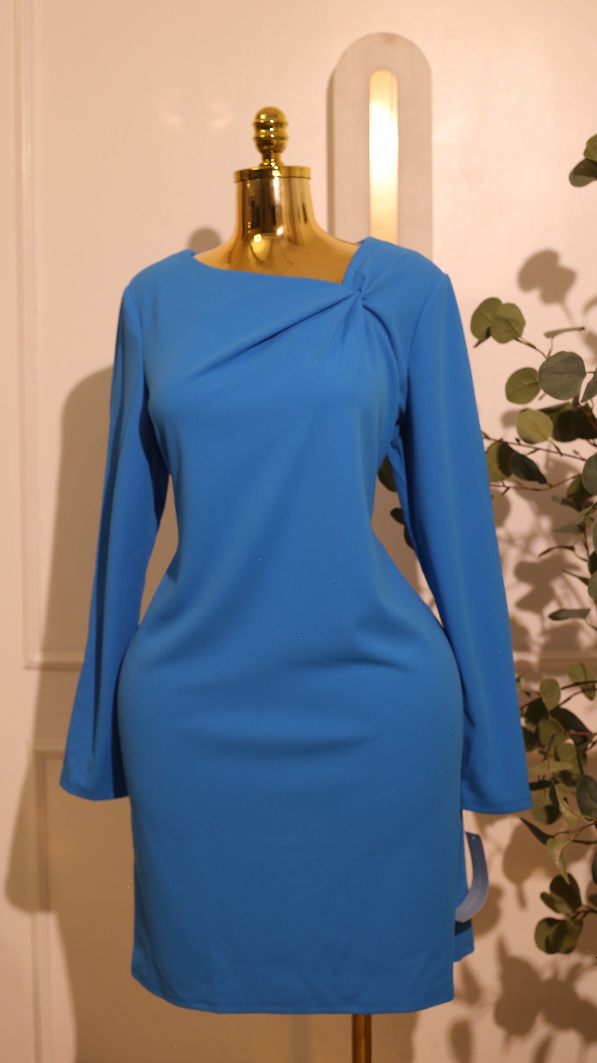 Bright Blue Asymmetric Long-Sleeve Dress