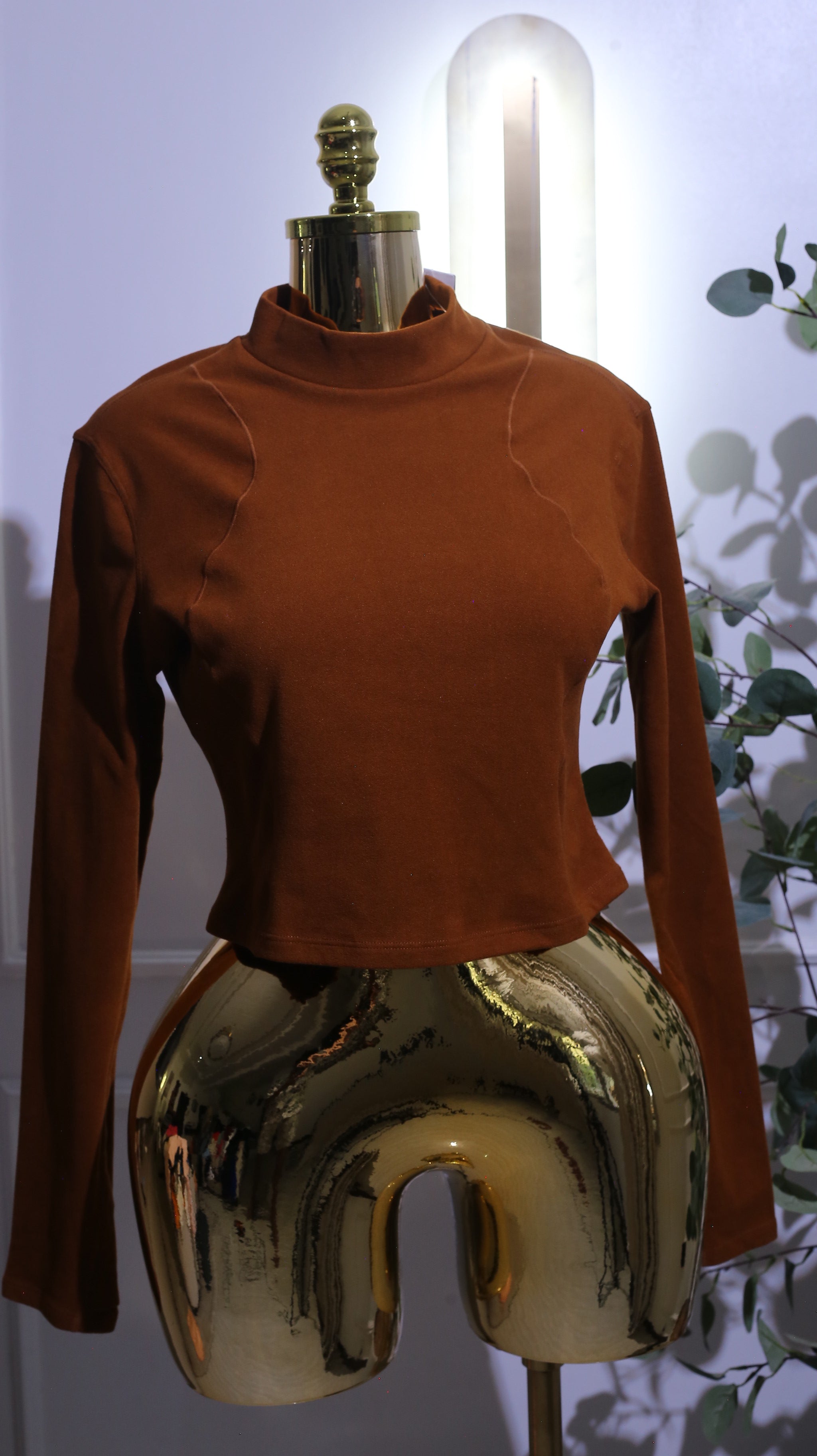 Brown Ribbed Long-Sleeve Crop Top