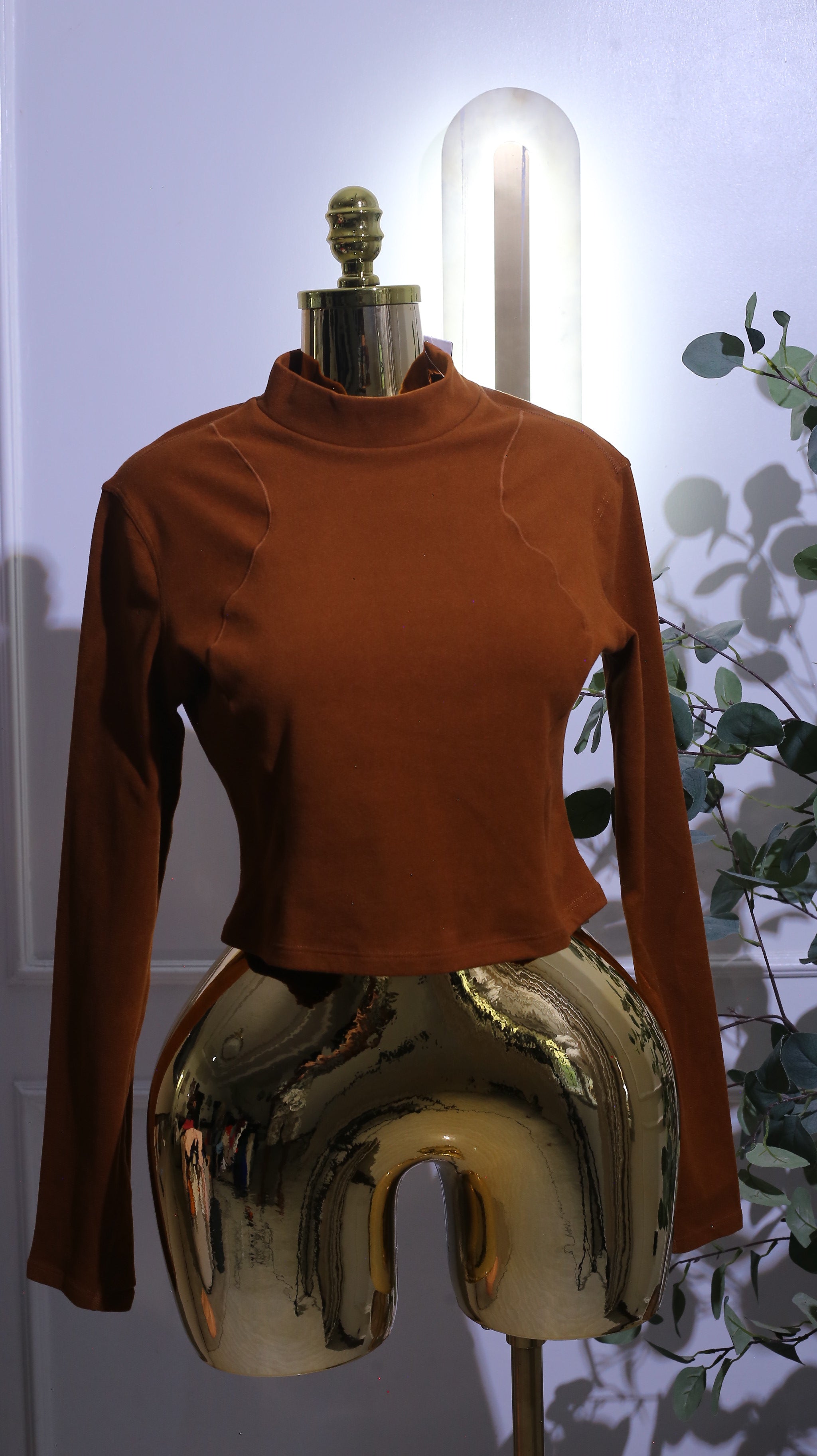 Brown Ribbed Long-Sleeve Crop Top