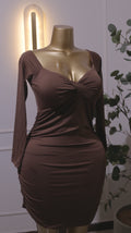 Brown Ruched Long-Sleeve Bodycon Dress
