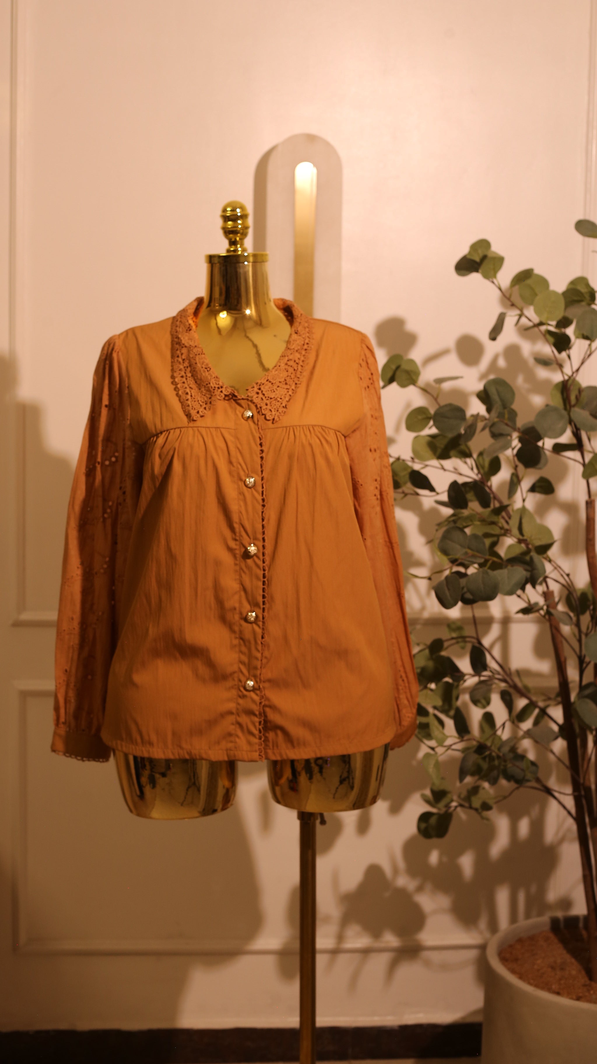 Brown Ruffled Collar Blouse – Medium