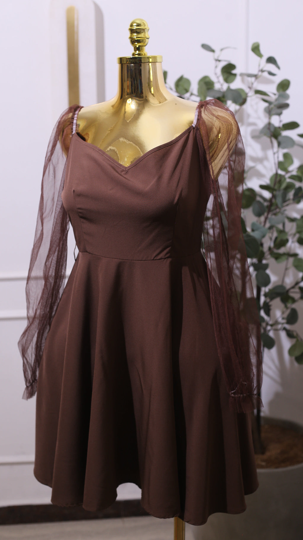 Brown Sheer Sleeve Dress