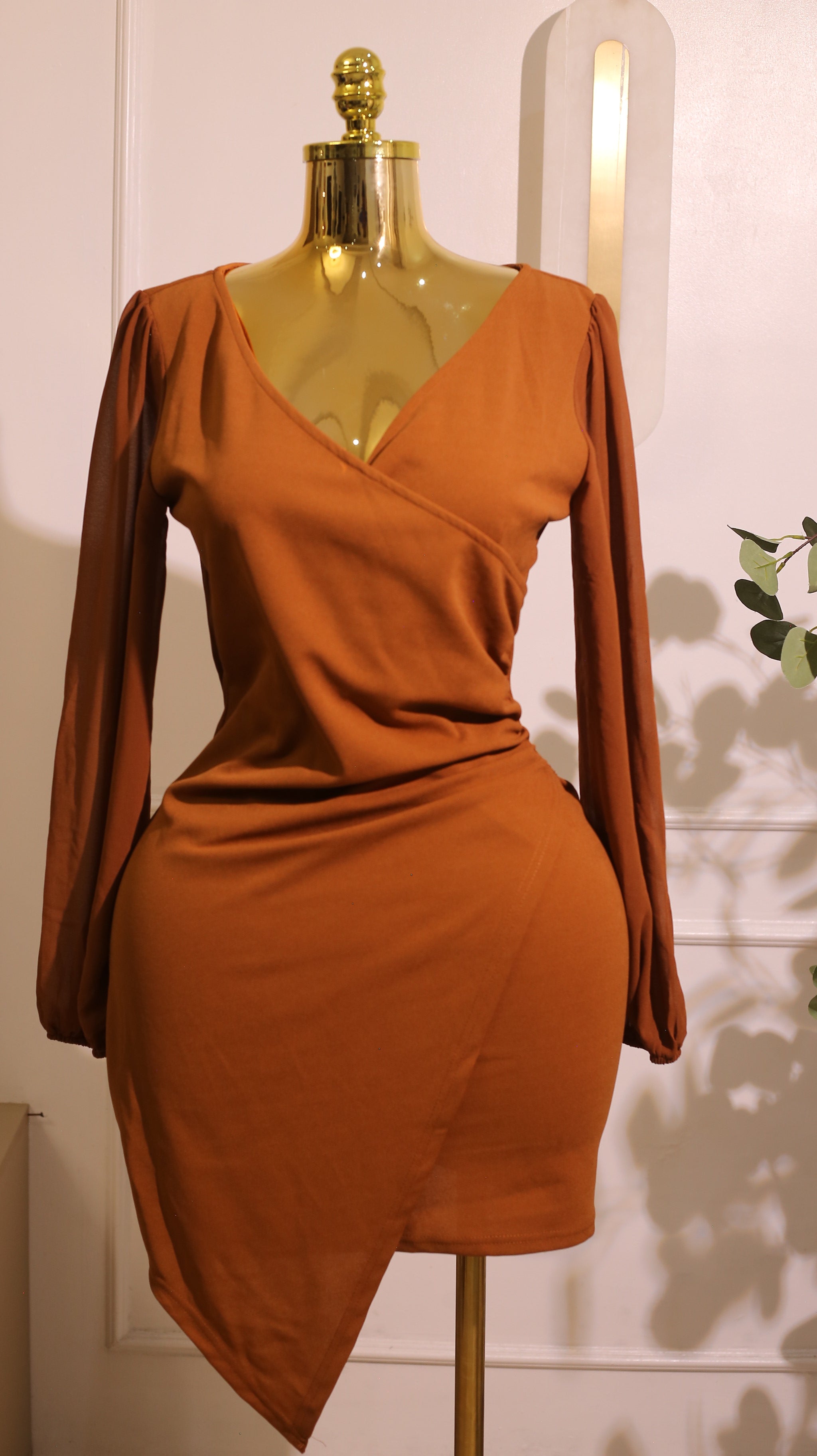 Brown Sheer?Sleeve Bodycon Mini Dress (Medium)