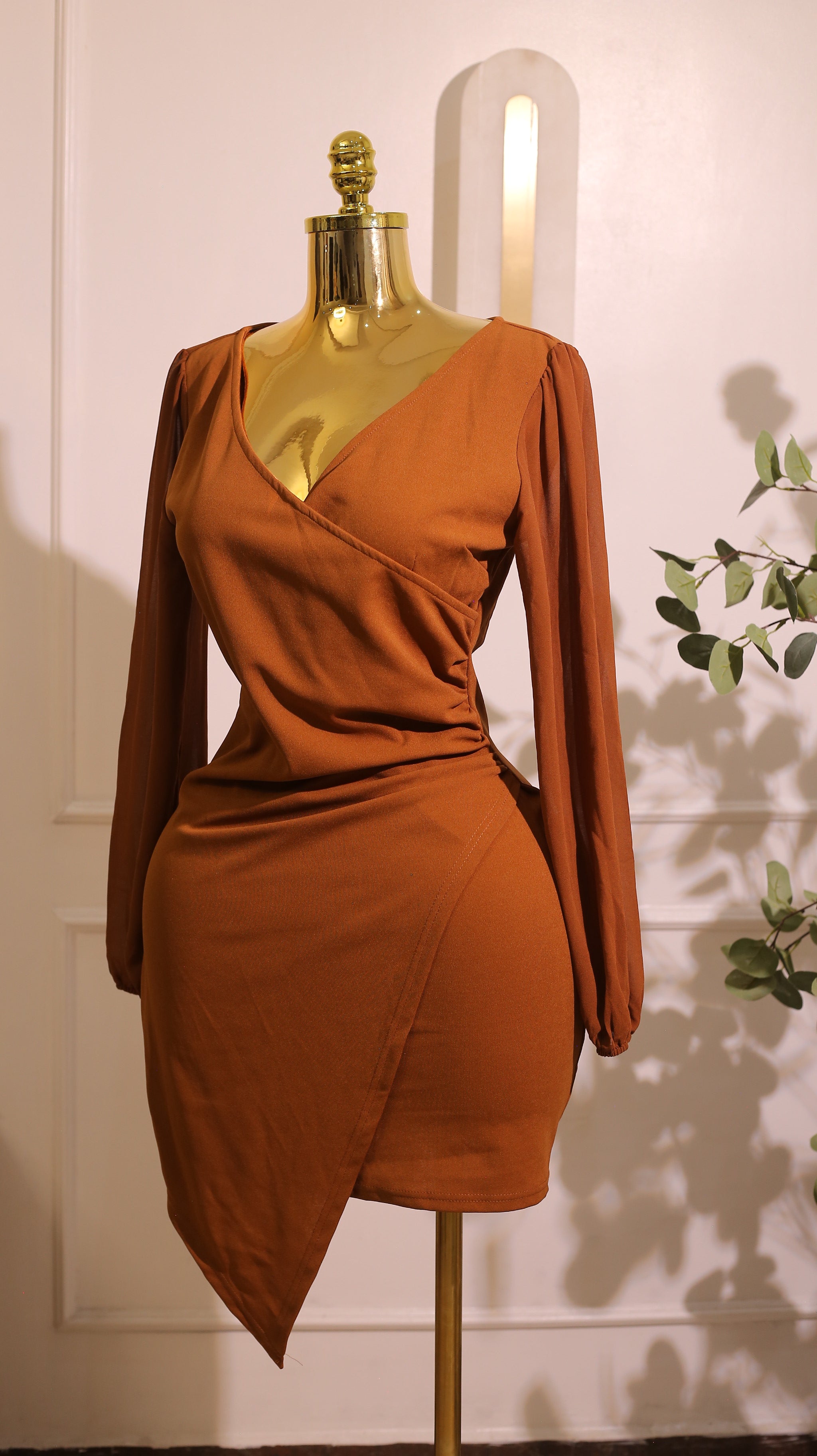 Brown Sheer?Sleeve Bodycon Mini Dress (Medium)