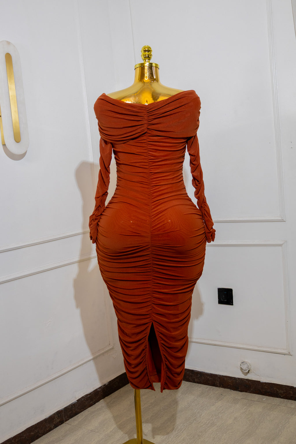 Burnt Orange Off-Shoulder Ruched Dress