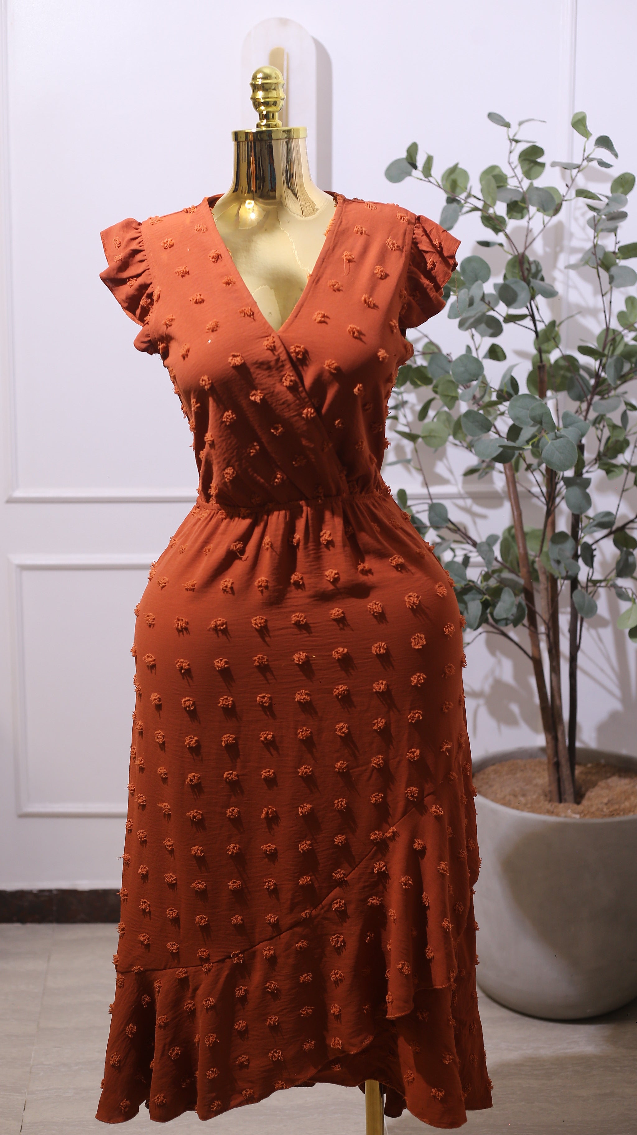 Burnt Orange V-NECK Swiss Dot Maxi Dress With Cap Sleeves And A Ruffled Hem