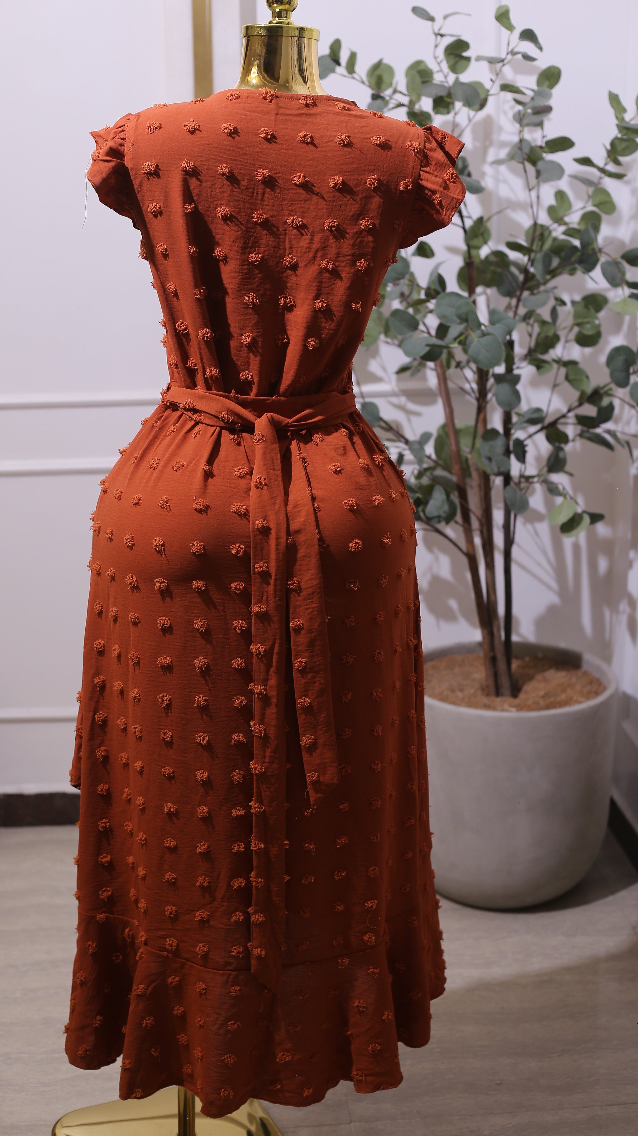 Burnt Orange V-NECK Swiss Dot Maxi Dress With Cap Sleeves And A Ruffled Hem