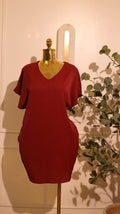 Casual V-Neck Short-Sleeve Dress In A Deep Red Or Burgundy Color