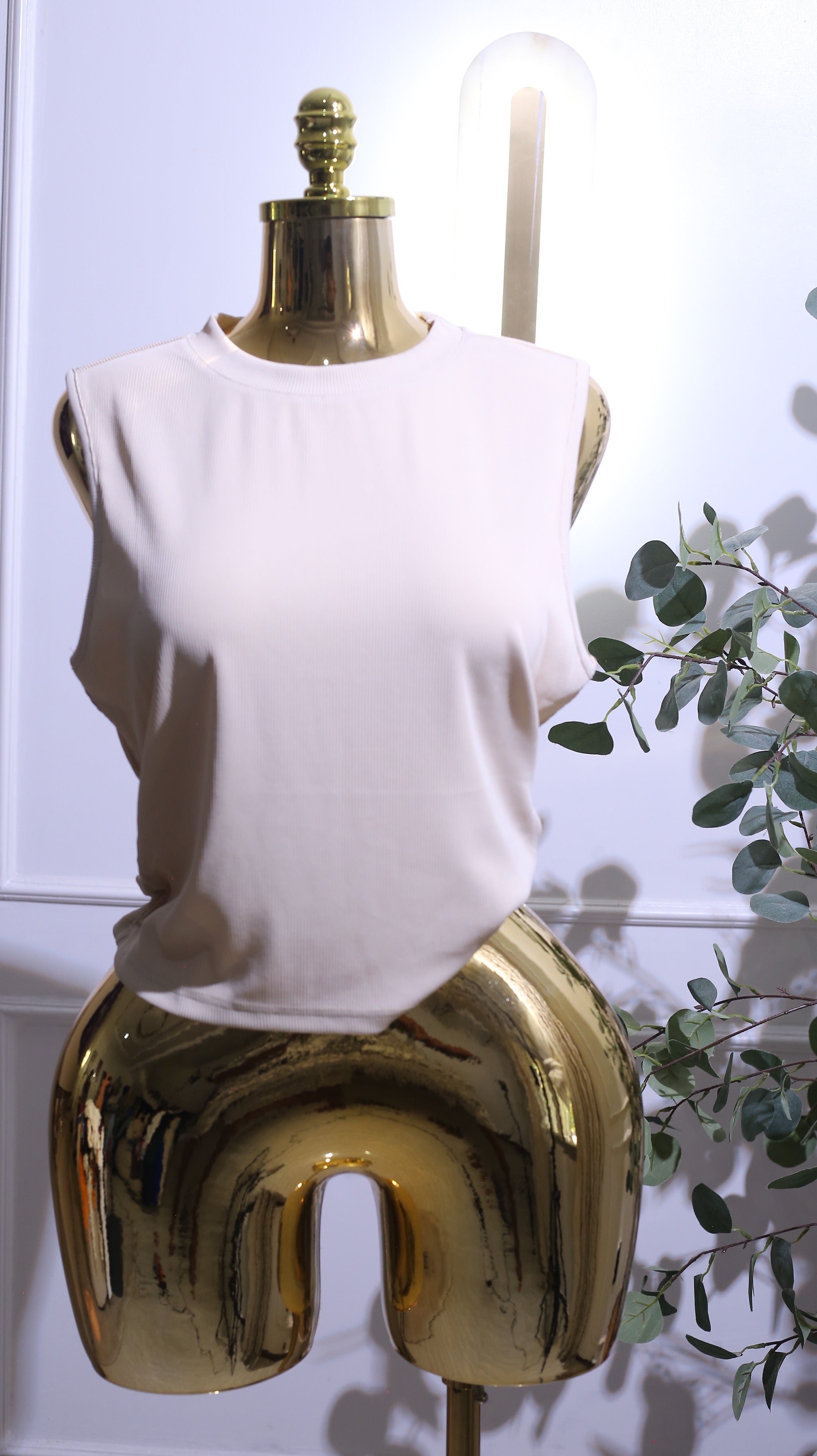 Cream Ribbed Sleeveless Knit Tank Top