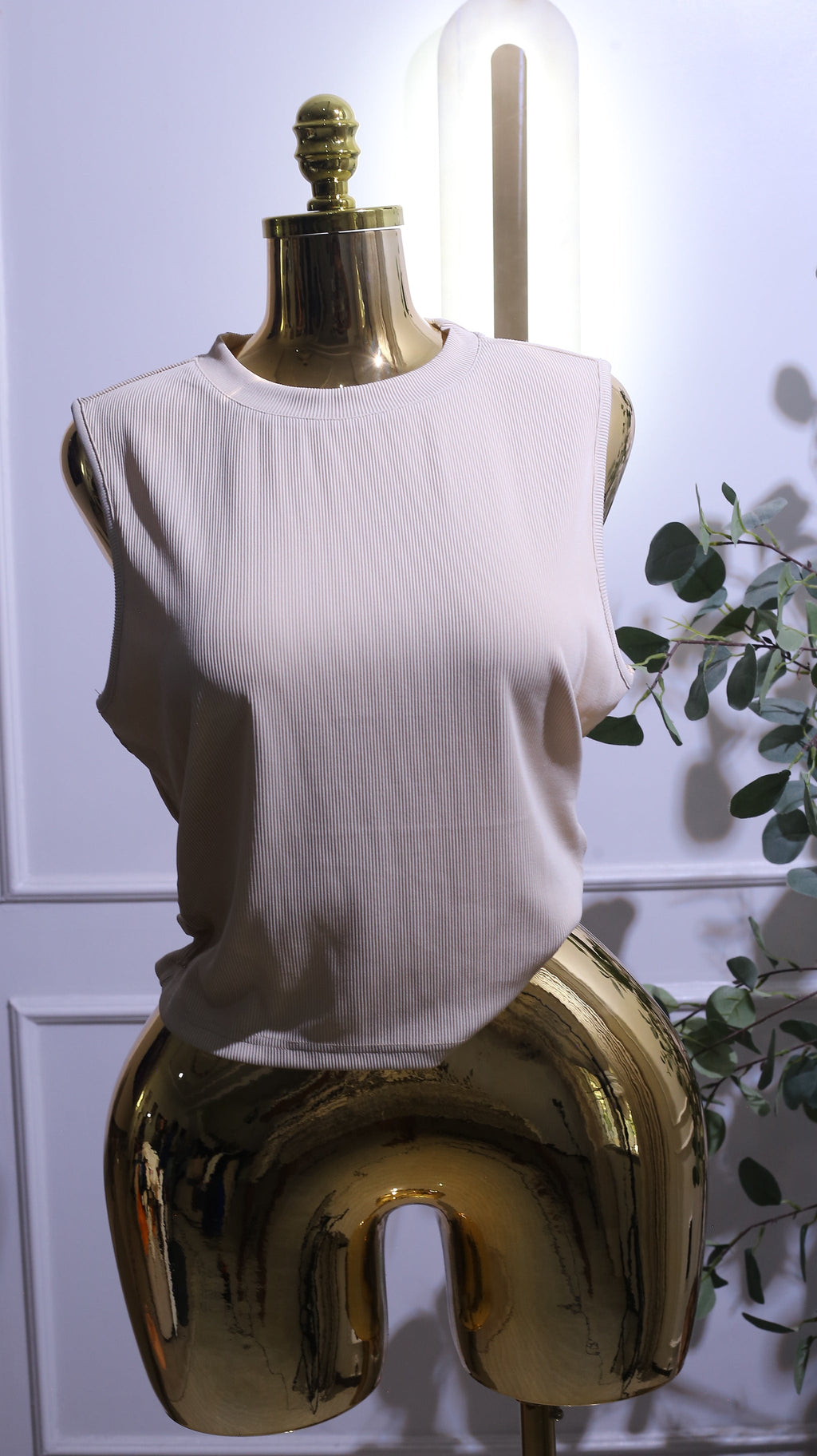 Cream Ribbed Sleeveless Knit Tank Top