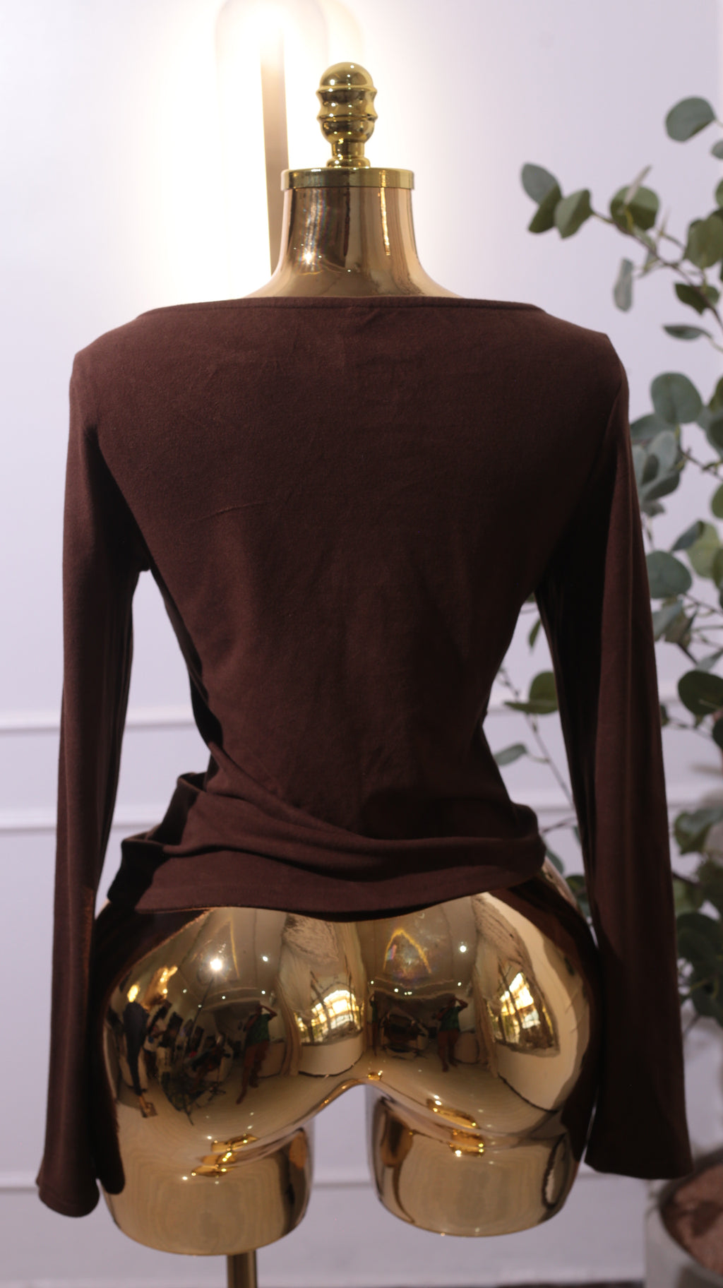 Dark Brown Ribbed Long-Sleeve Top