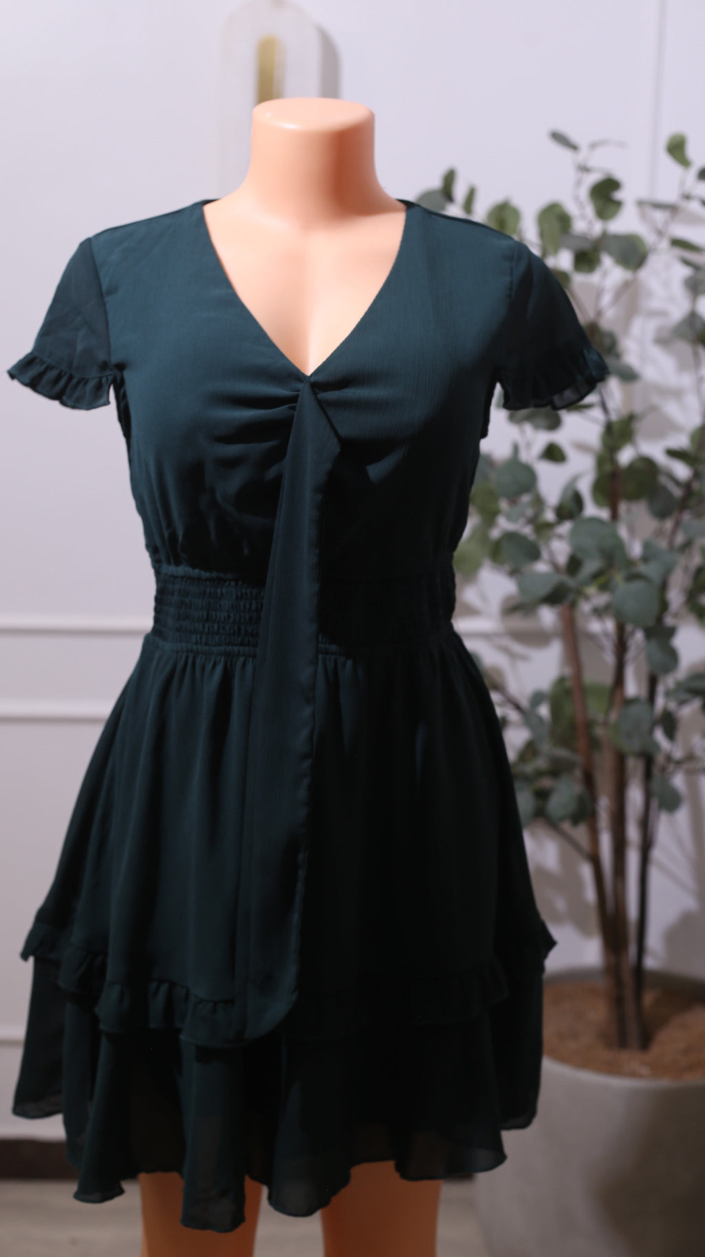 Dark Green Asymmetrical Ruffled Mini Dress