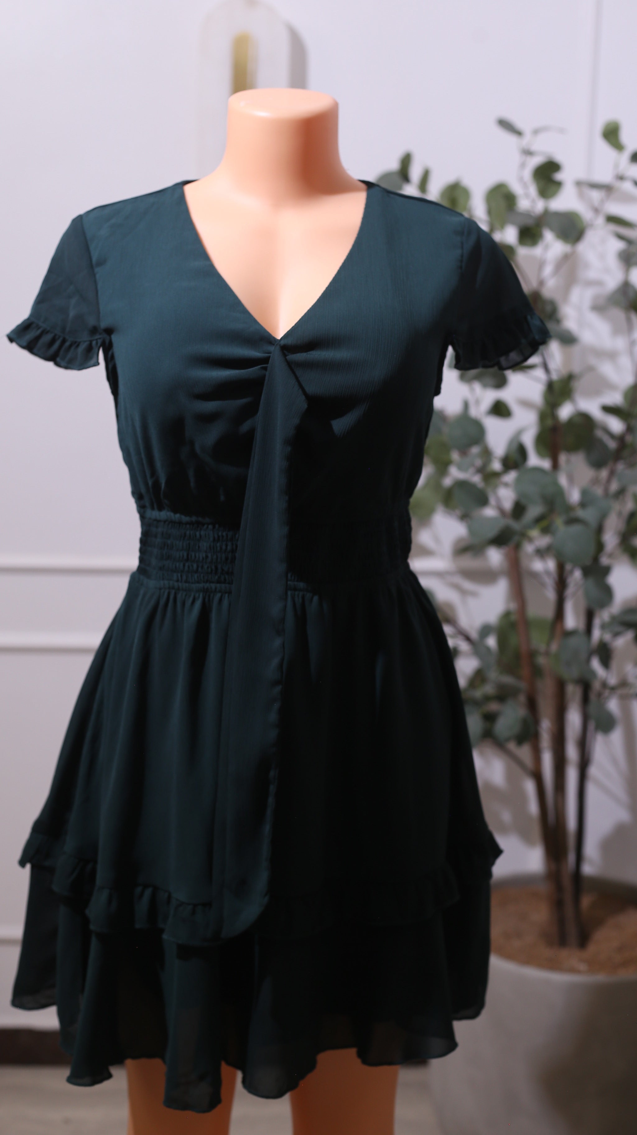Dark Green Asymmetrical Ruffled Mini Dress