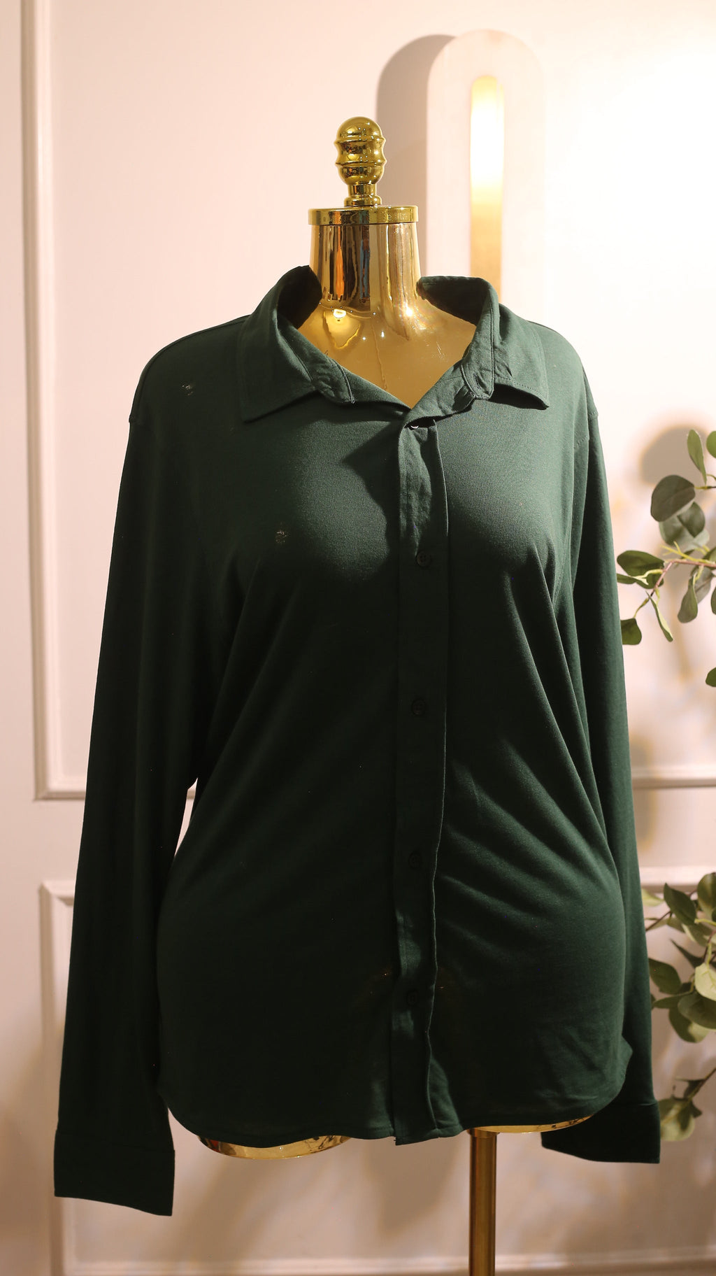 Dark Green Long-Sleeved Button-Down Shirt Or Blouse
