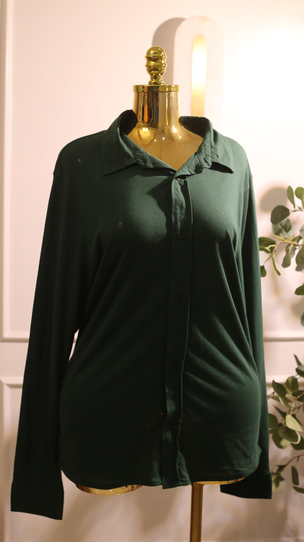 Dark Green Long-Sleeved Button-Down Shirt Or Blouse