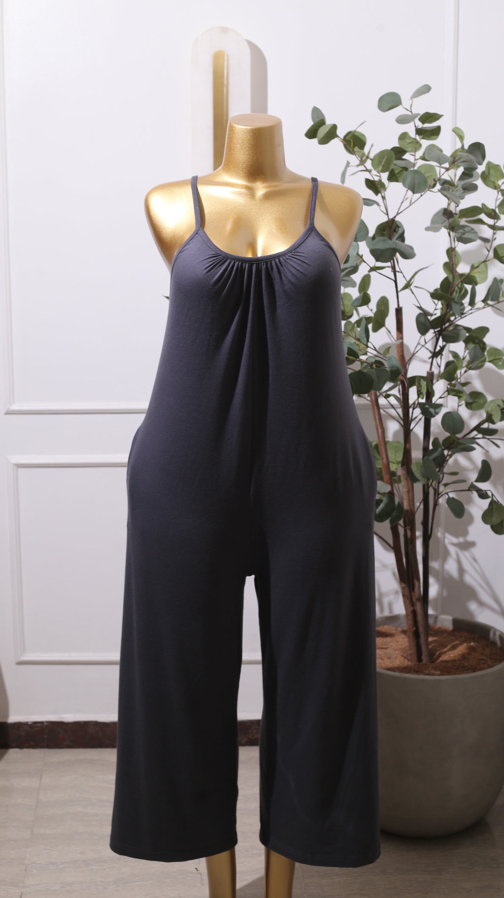 Dark Grey Spaghetti Strap Wide-Leg Jumpsuit