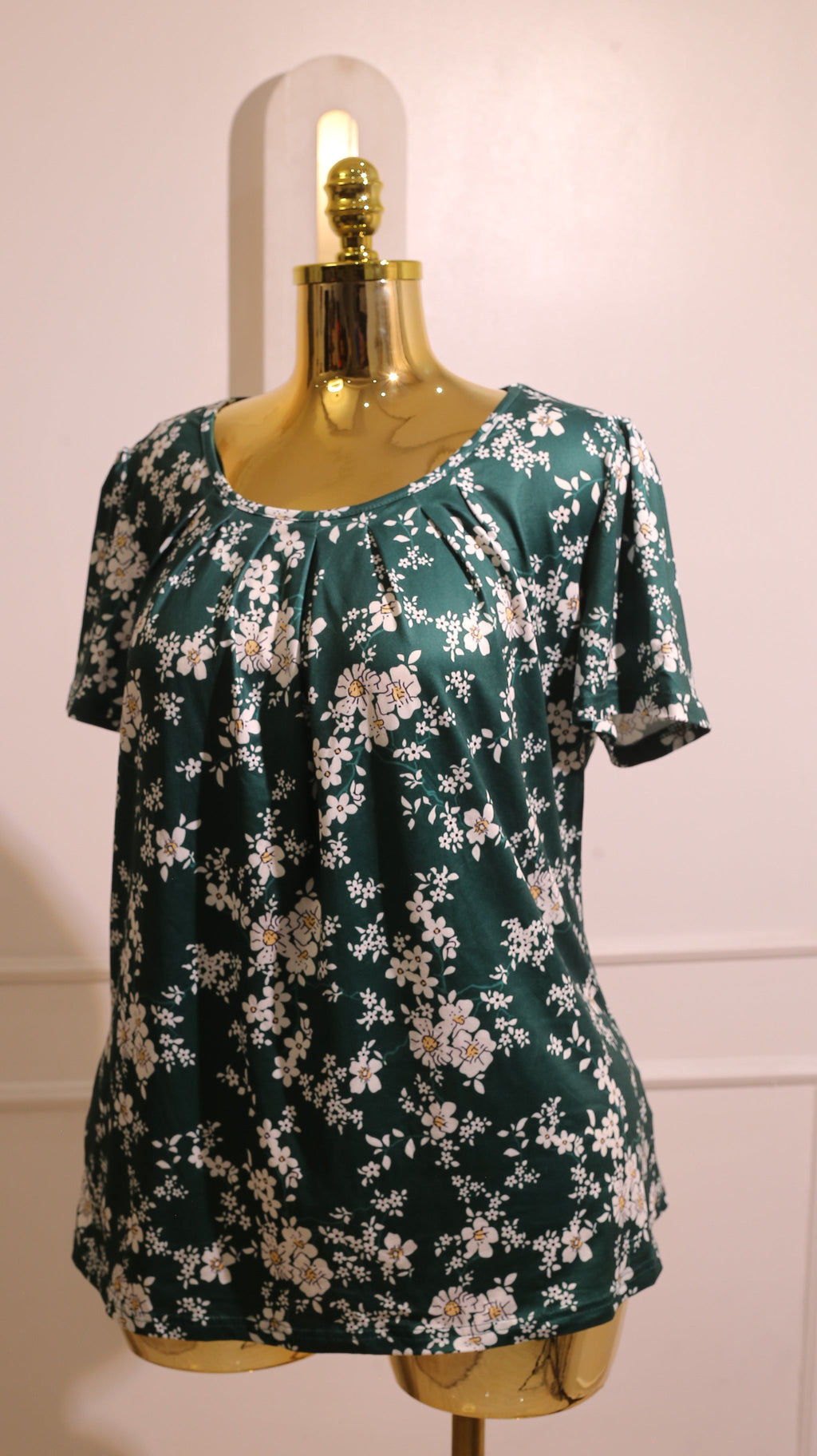 Dark Green Floral Pleated-Neck Blouse (Large)