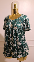 Dark Green Floral Pleated-Neck Blouse (Large)
