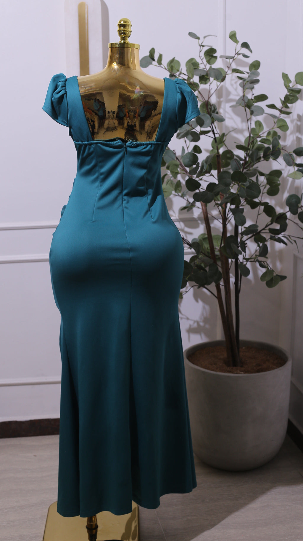 Emerald Green Fitted Woven Long Evening Dress