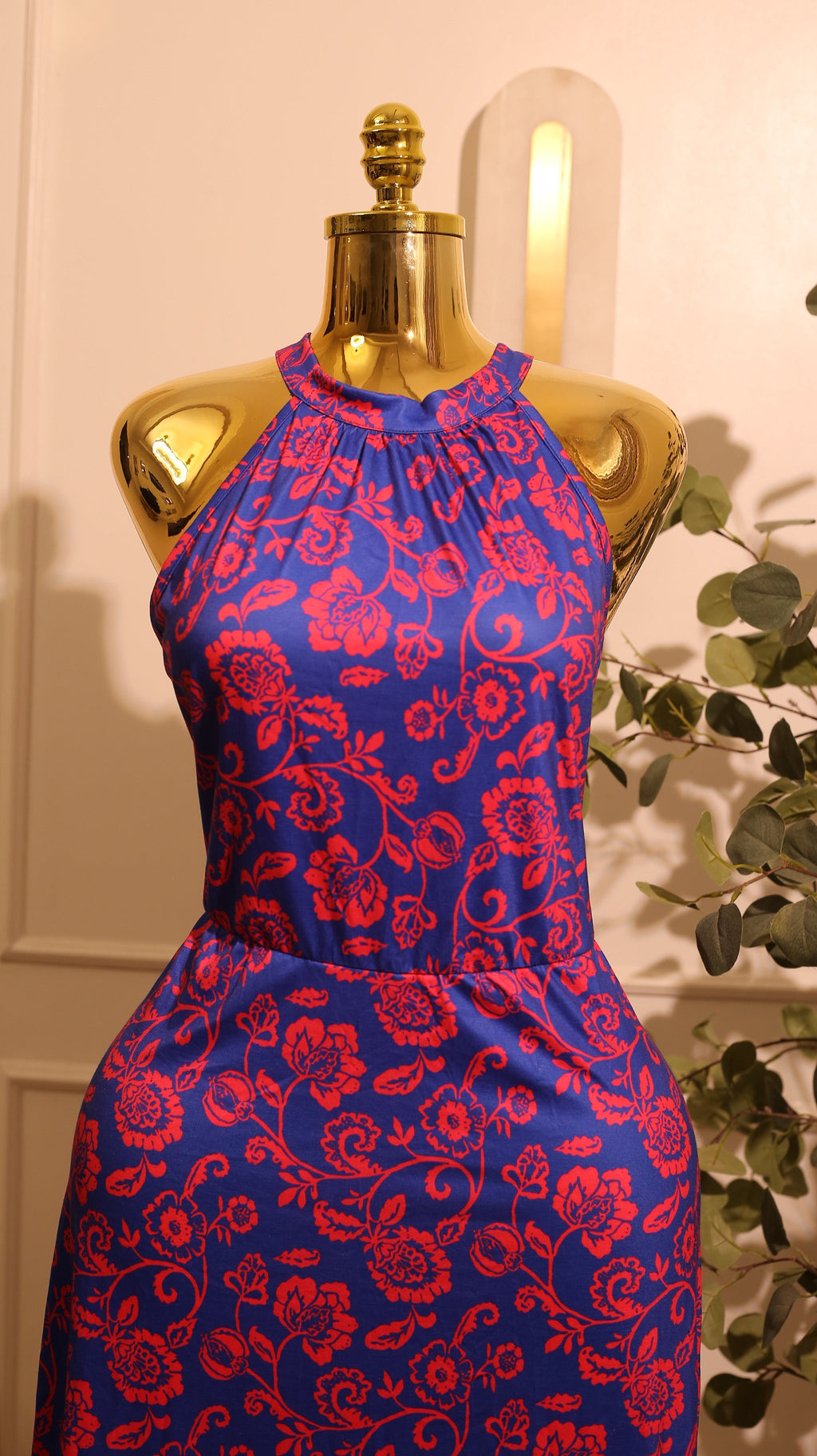 Pink & Blue Floral Halter Maxi Dress (Large)