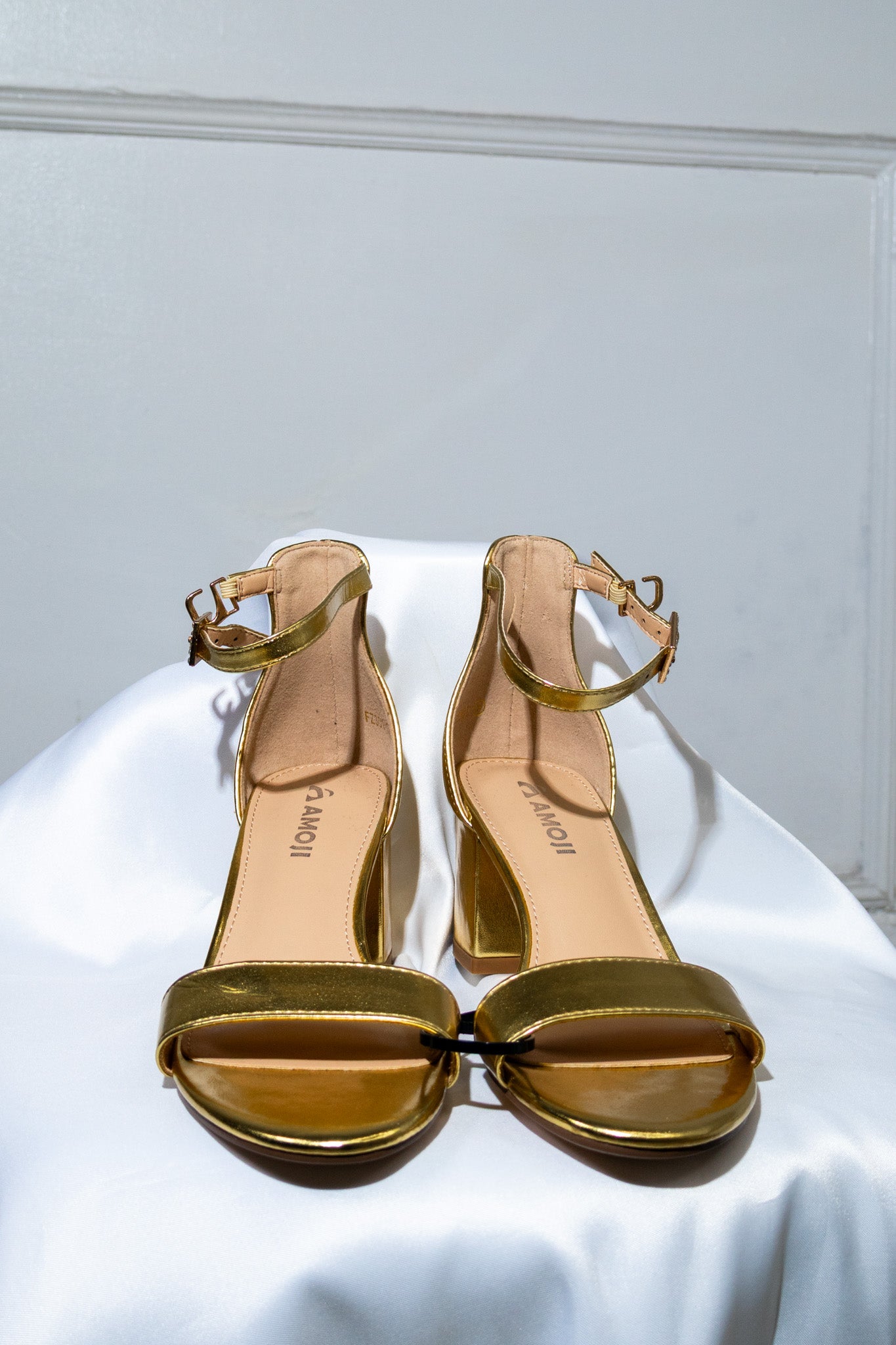 Gold Rhinestone Block-Heel Sandals
