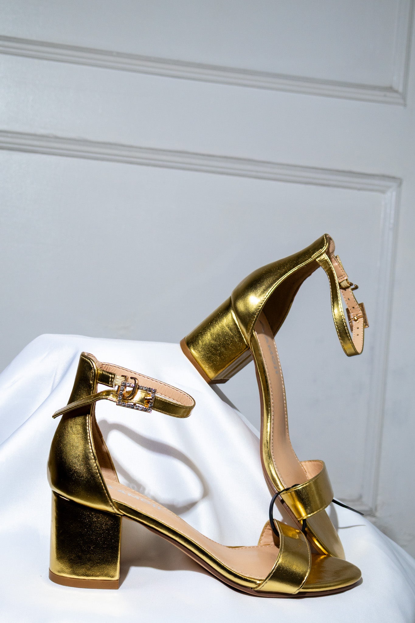 Gold Rhinestone Block-Heel Sandals