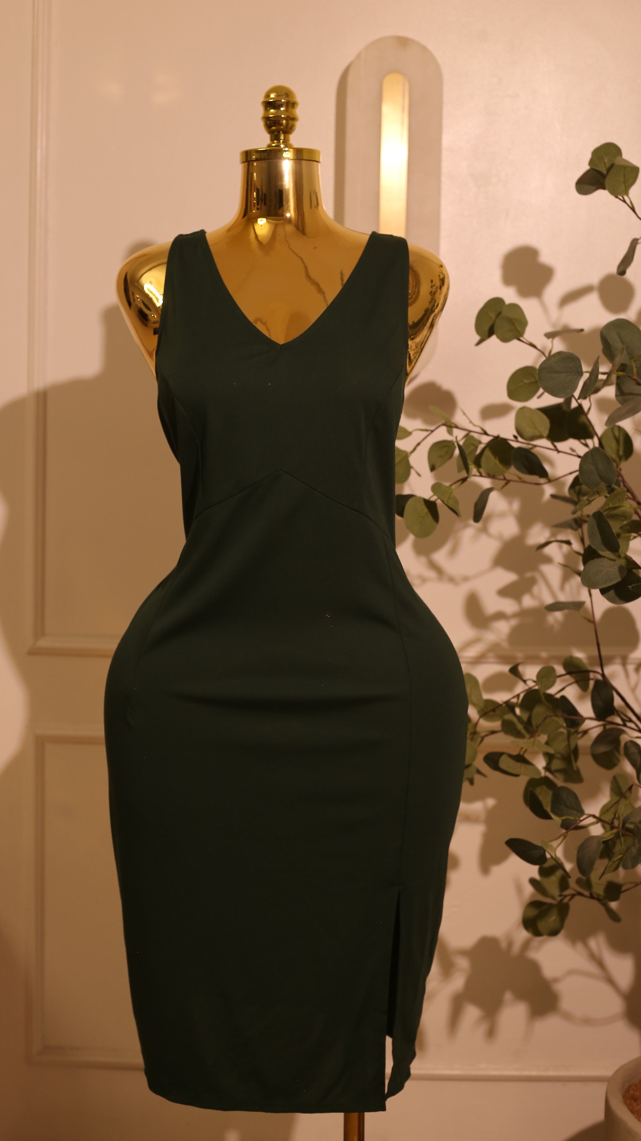 Dark Green V?Neck Bodycon Mini Dress (Large)