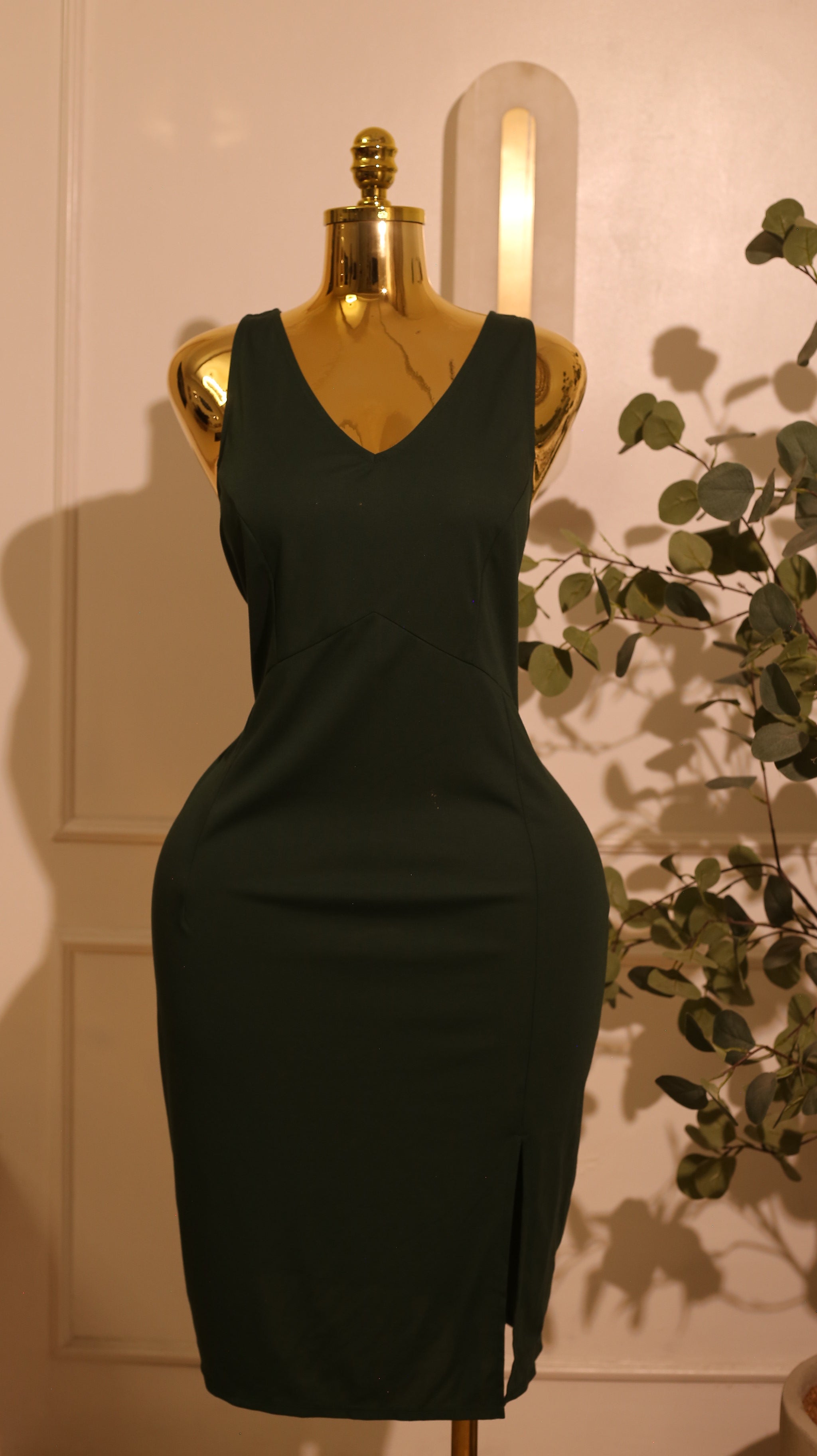 Dark Green V?Neck Bodycon Mini Dress (Large)