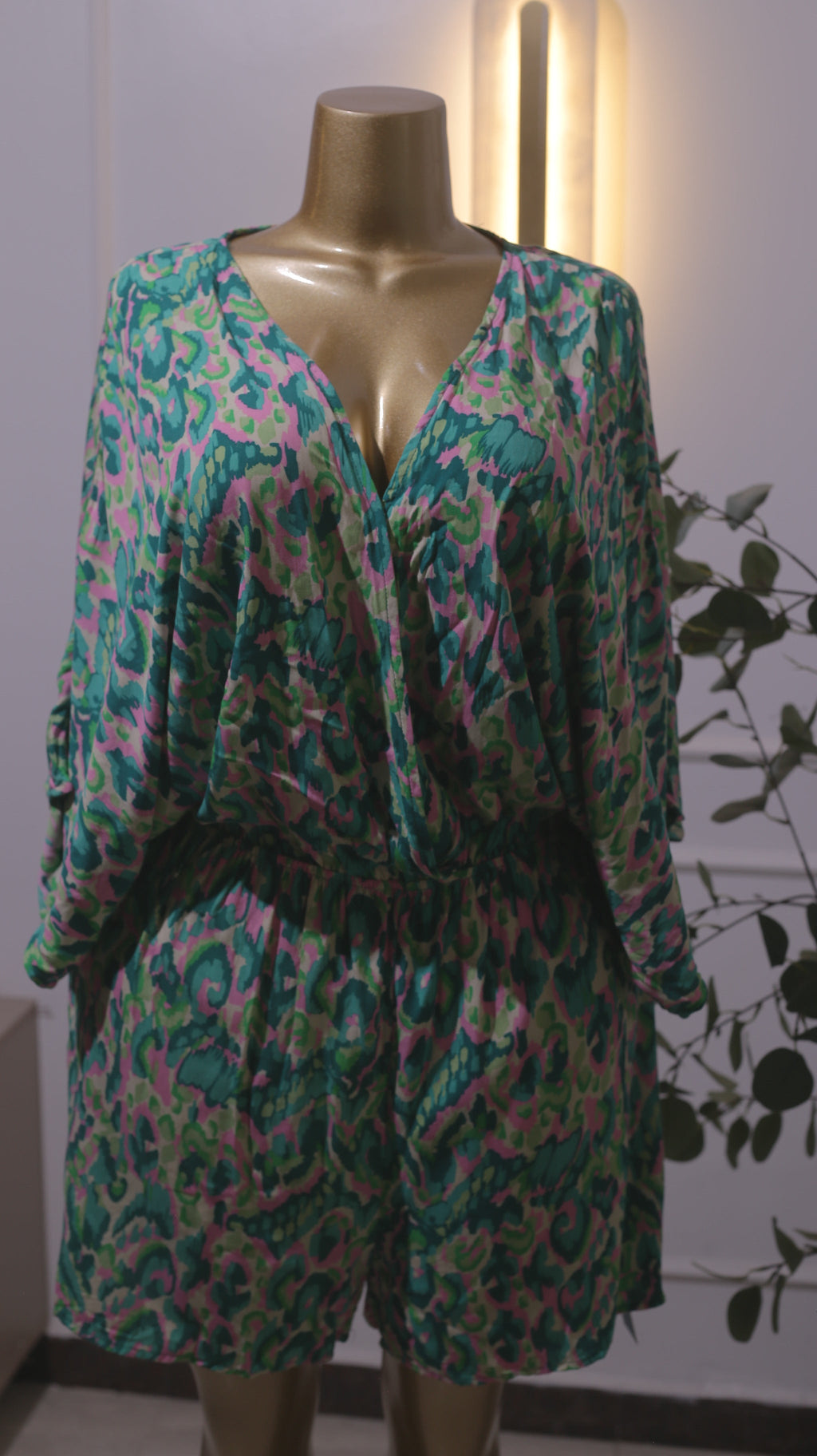 Green Leopard Print Lace-Up Romper