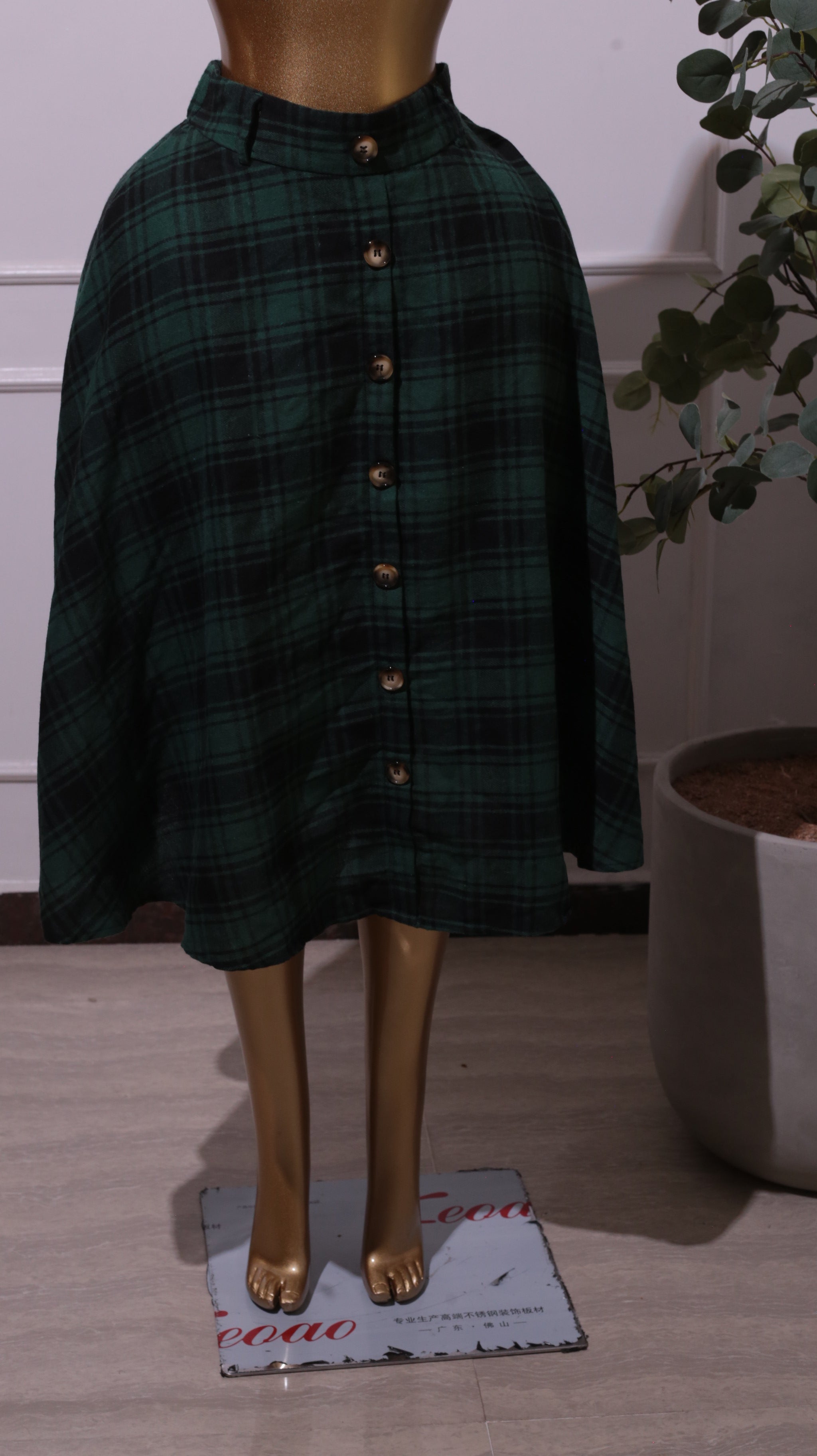 Green Plaid A-Line Midi Skirt