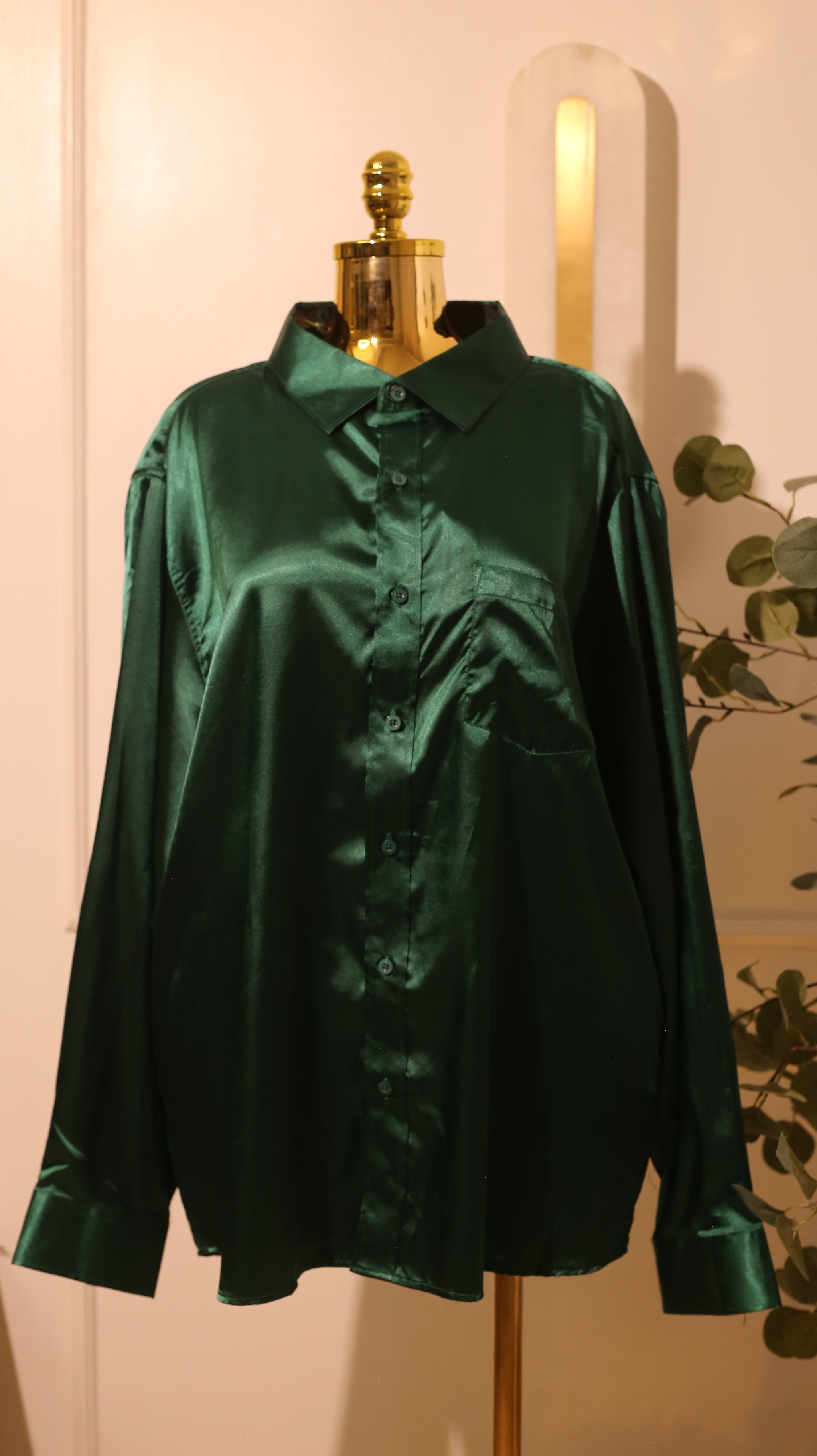 Green Satin Button-Up Shirt