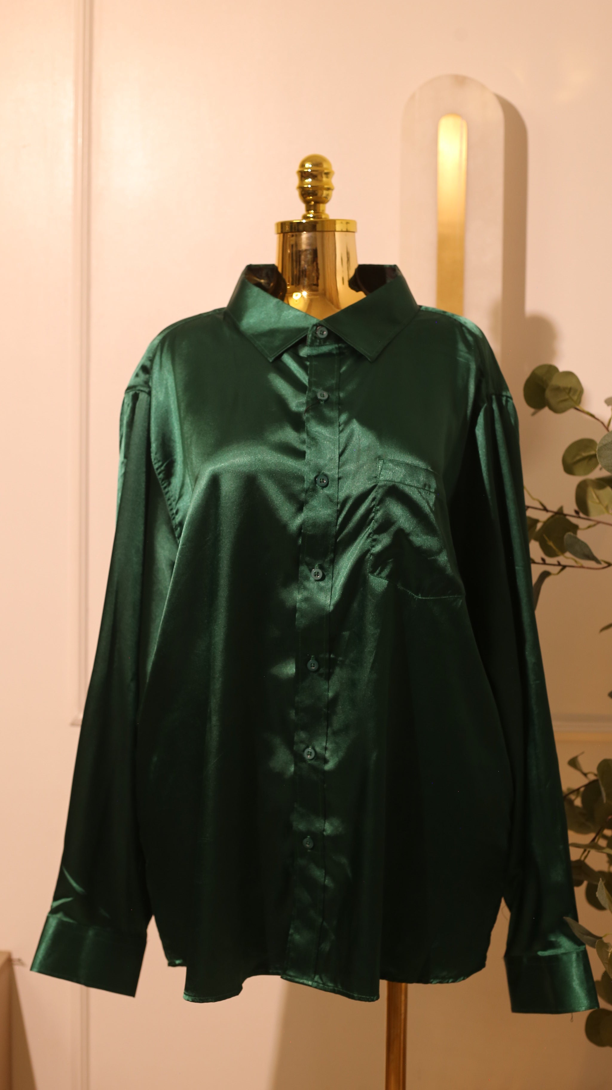 Green Satin Button-Up Shirt