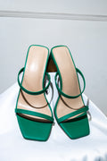 Green Square-Toe Block-Heel Sandals