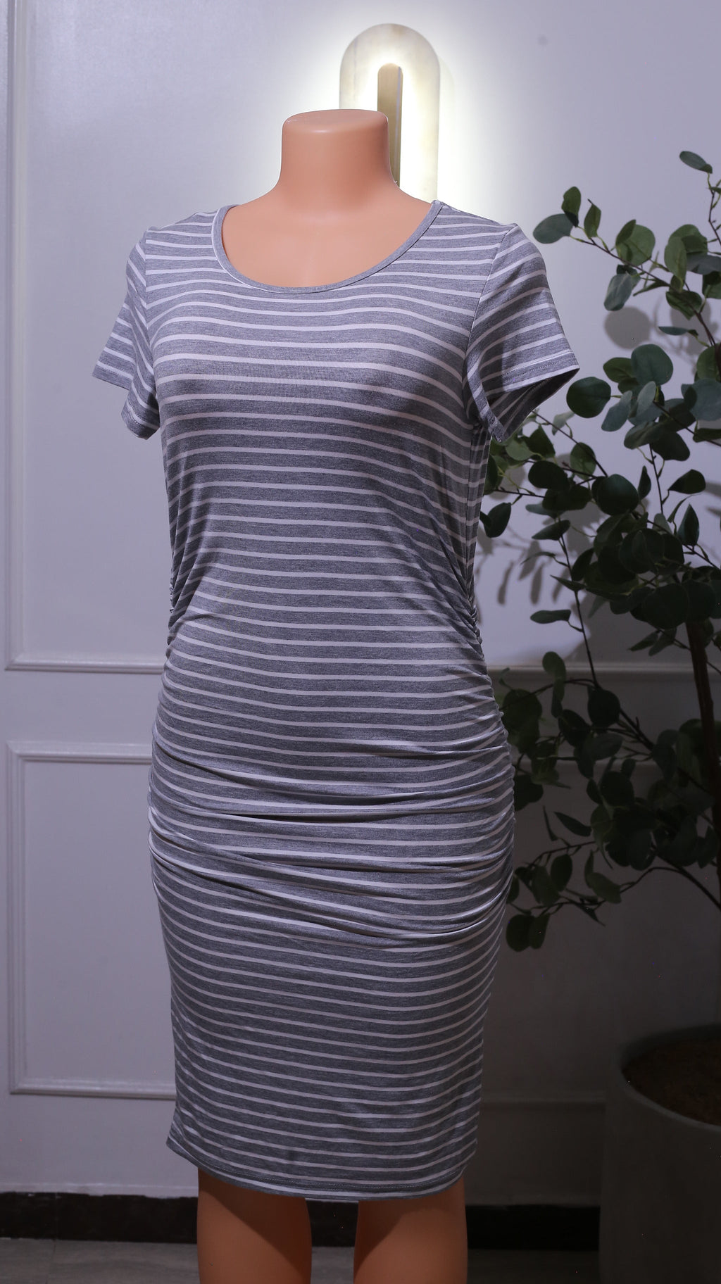 Grey Striped Maternity Bodycon Dress