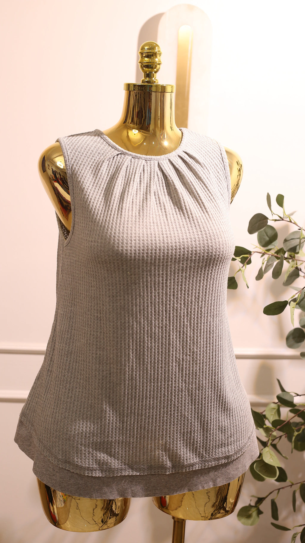 Grey Waffle-Knit Sleeveless Tunic Top