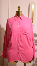 Hot Pink Linen Blend Long Sleeve Collared Button-Up Top