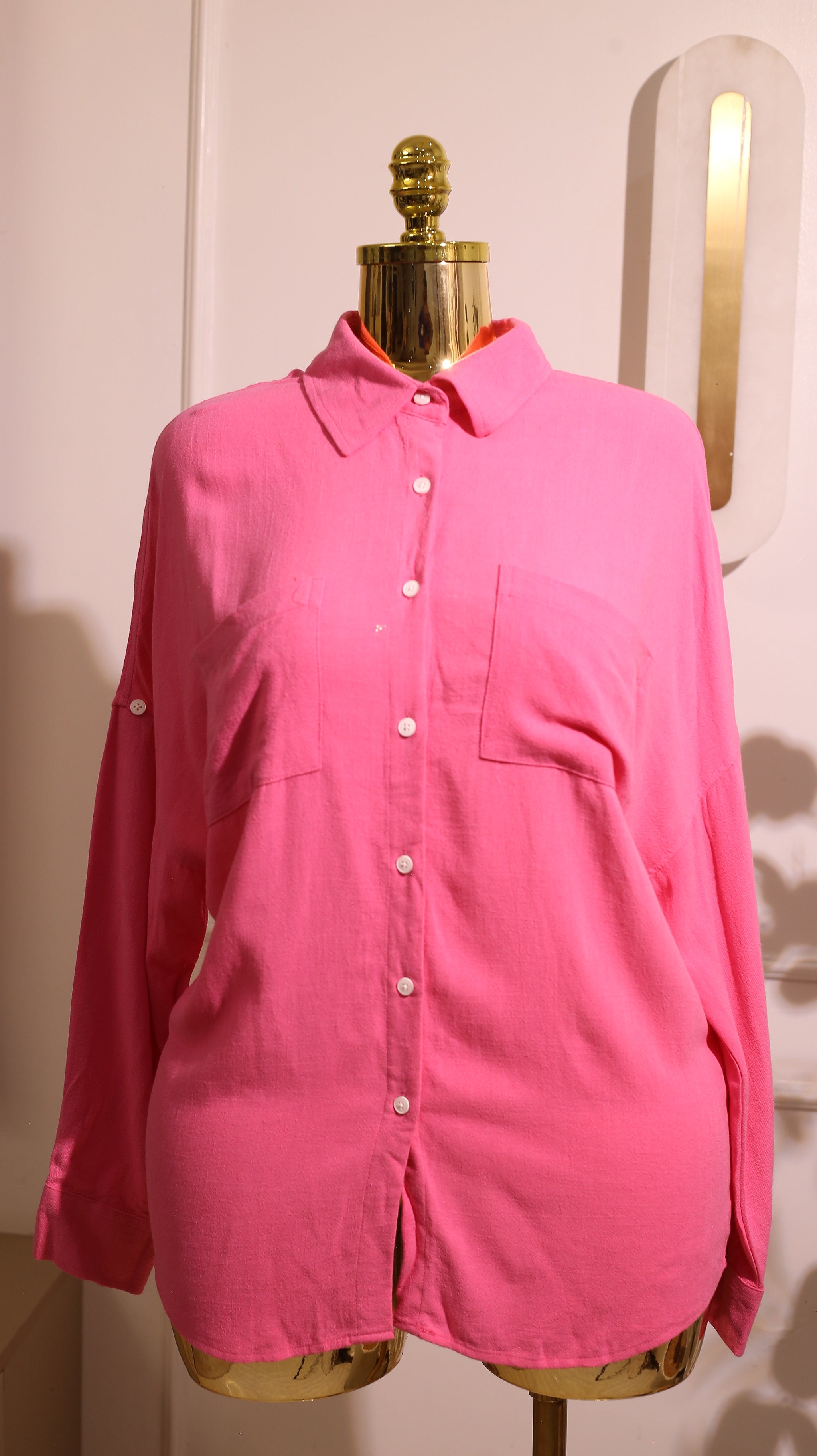 Hot Pink Linen Blend Long Sleeve Collared Button-Up Top