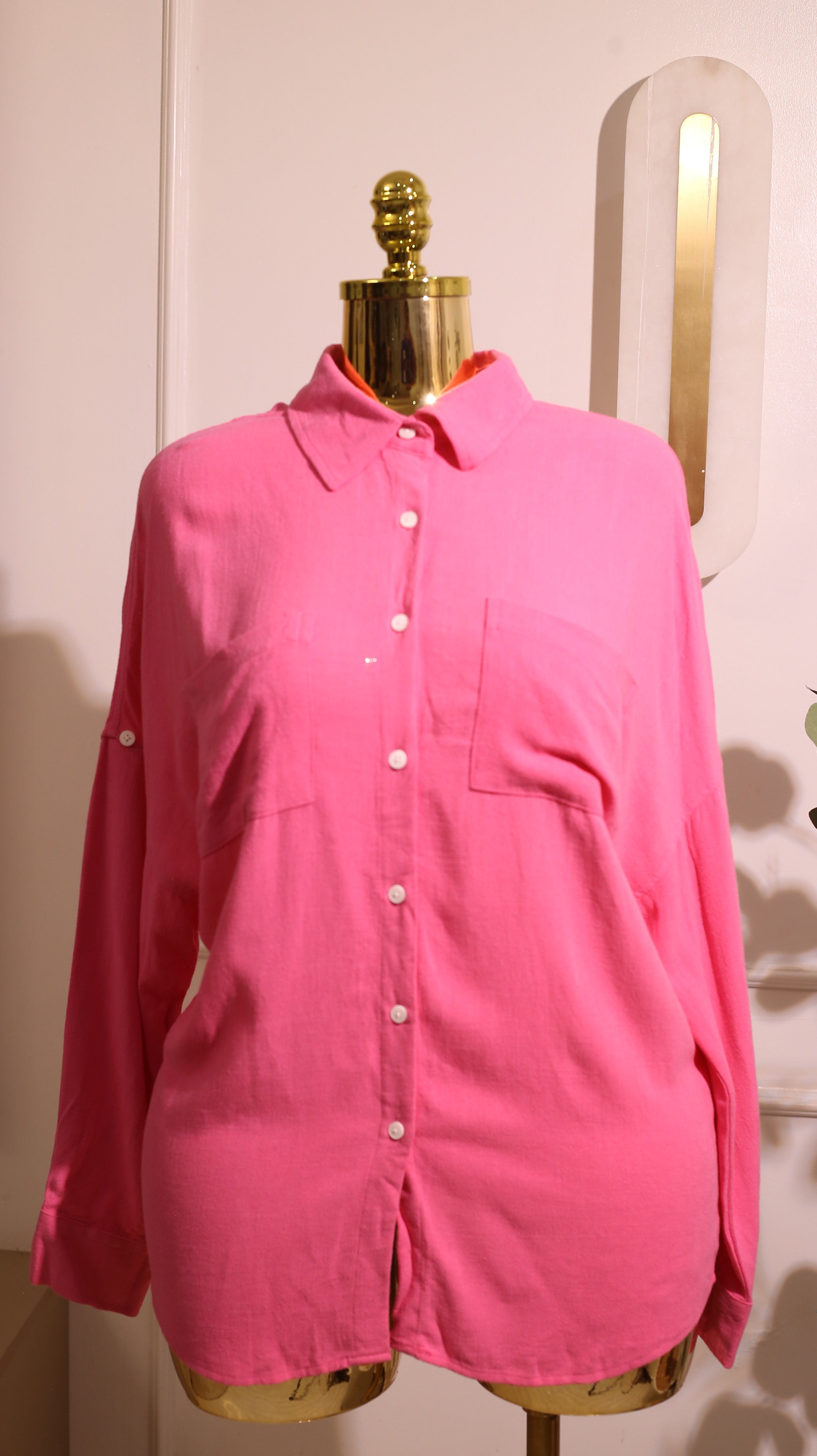 Hot Pink Linen Blend Long Sleeve Collared Button-Up Top