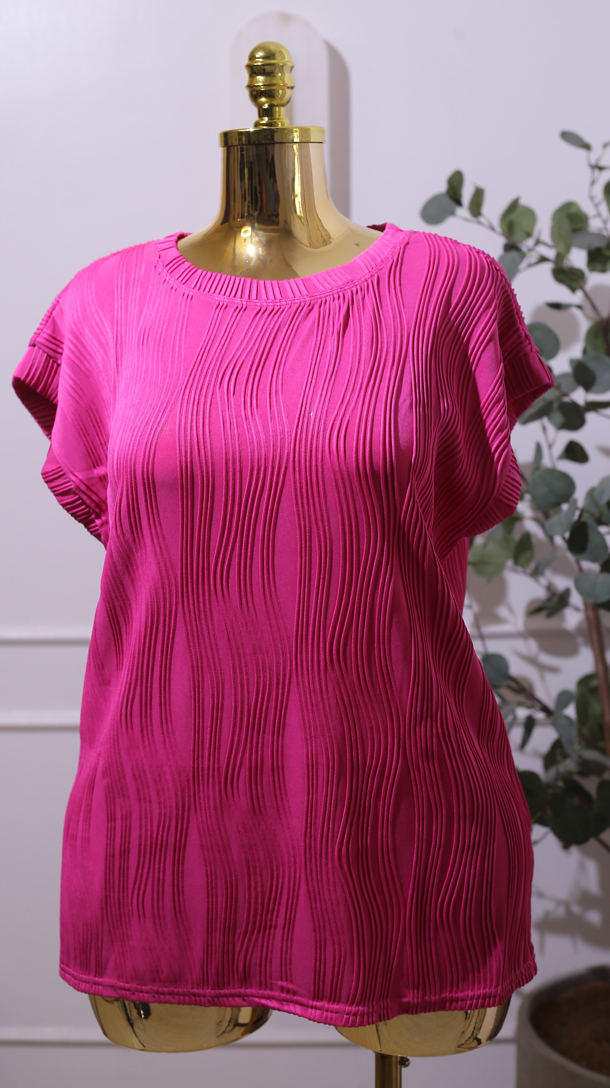 Hot Pink Pleated Short-sleeve Top