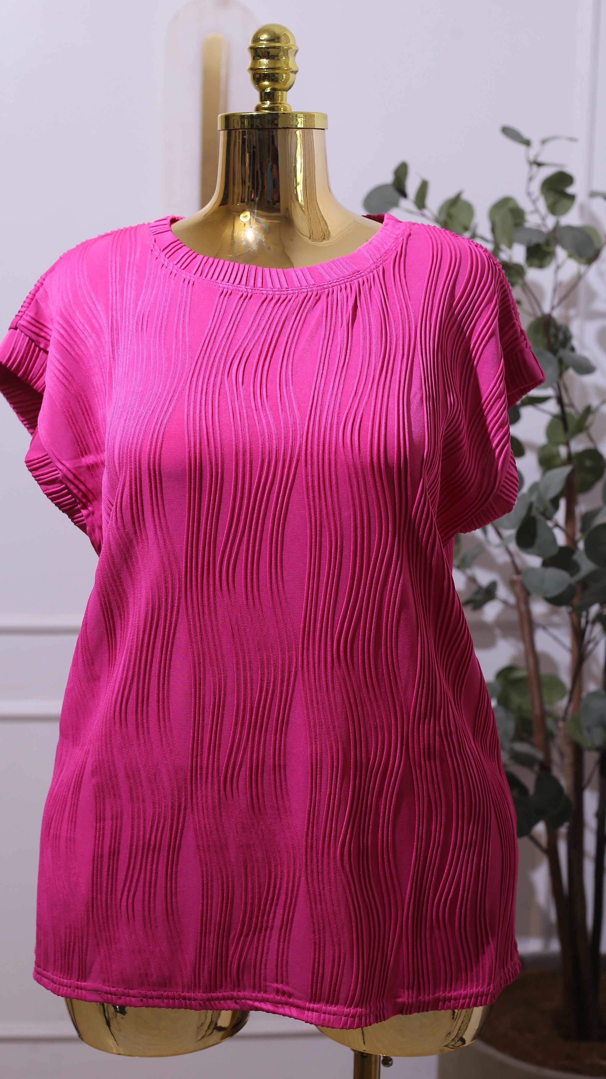 Hot Pink Pleated Short-sleeve Top
