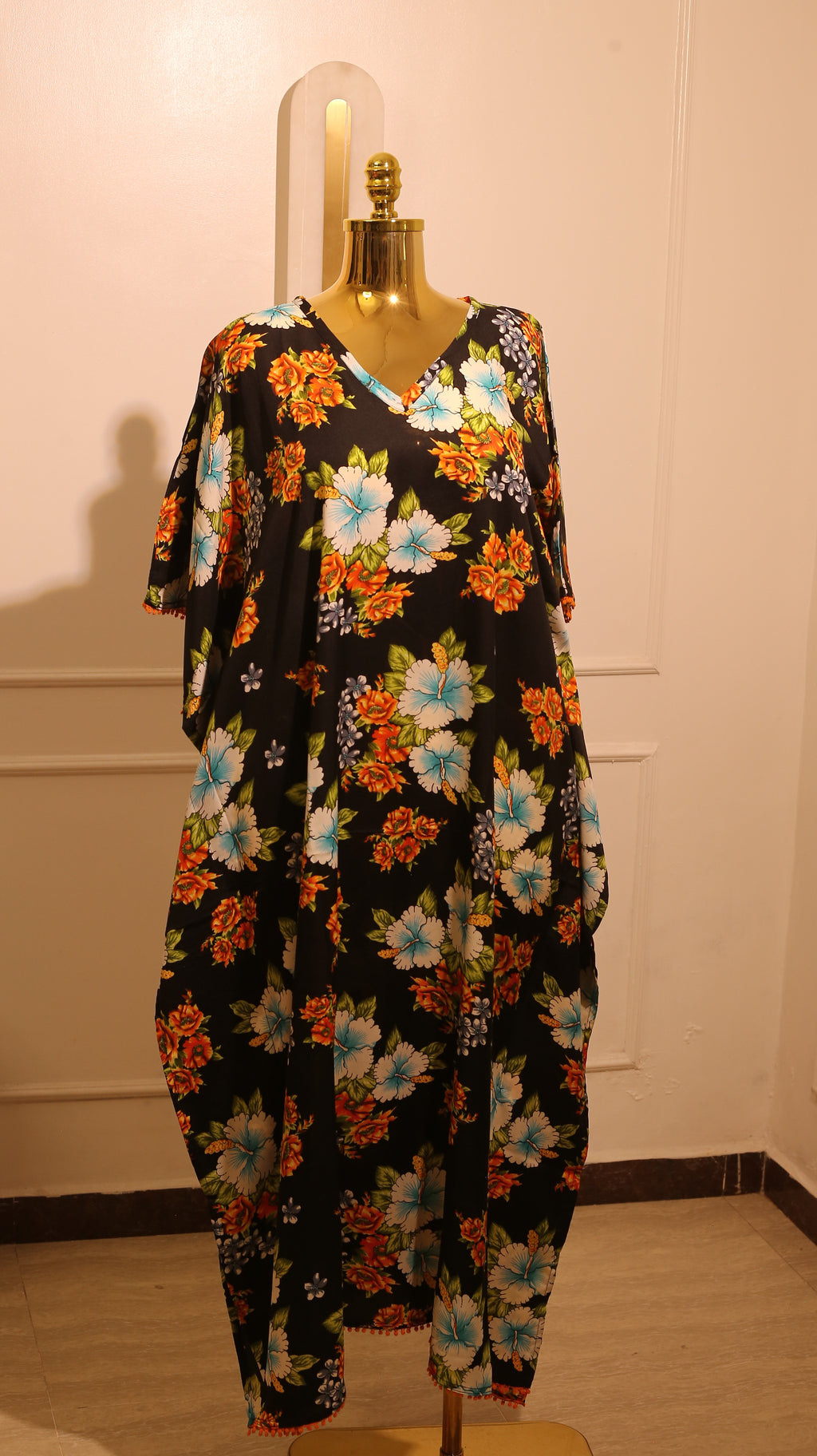 Kaftan Dress Made From Black Floral-Print Viscose Chiffon Fabric