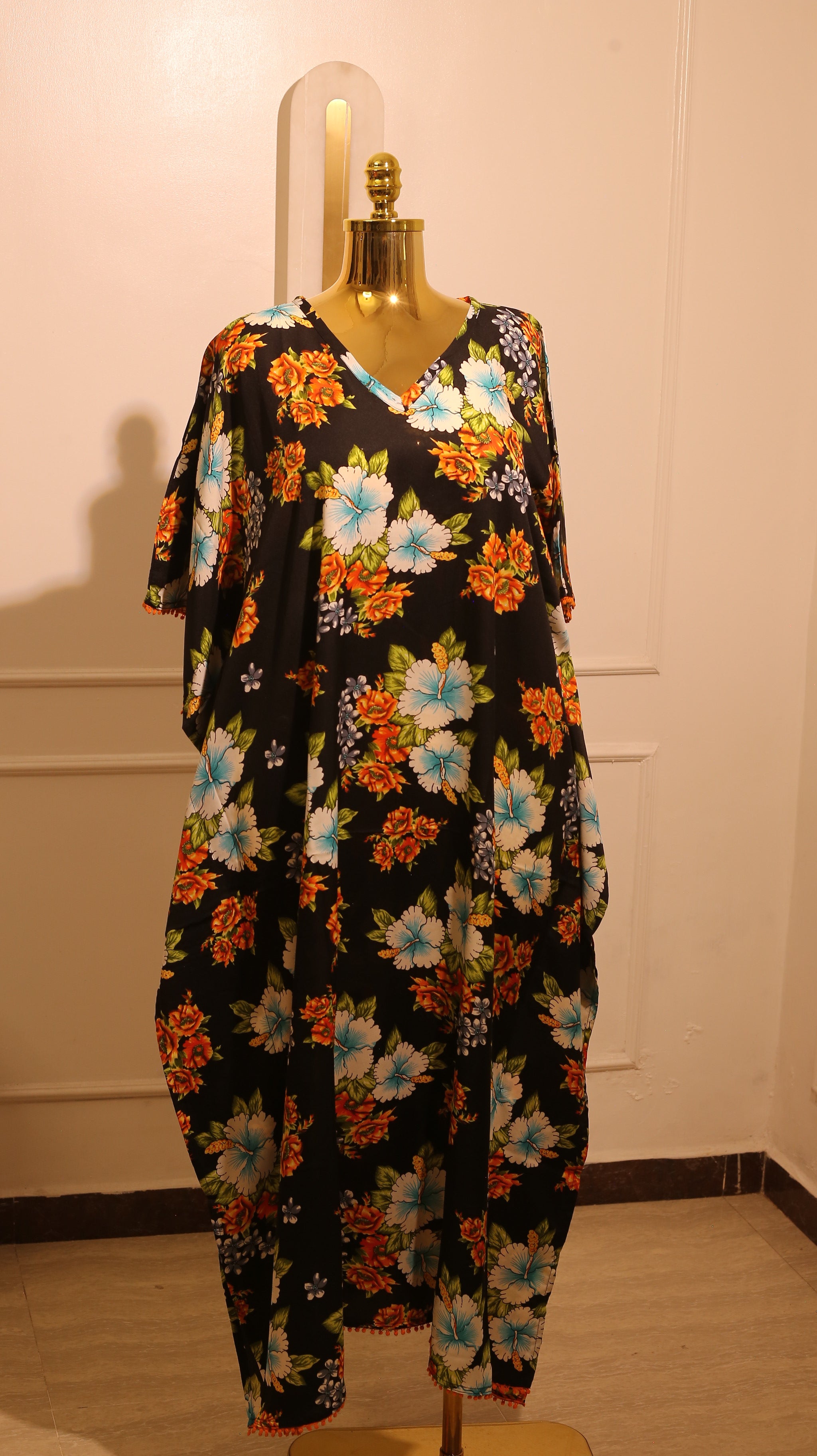 Kaftan Dress Made From Black Floral-Print Viscose Chiffon Fabric