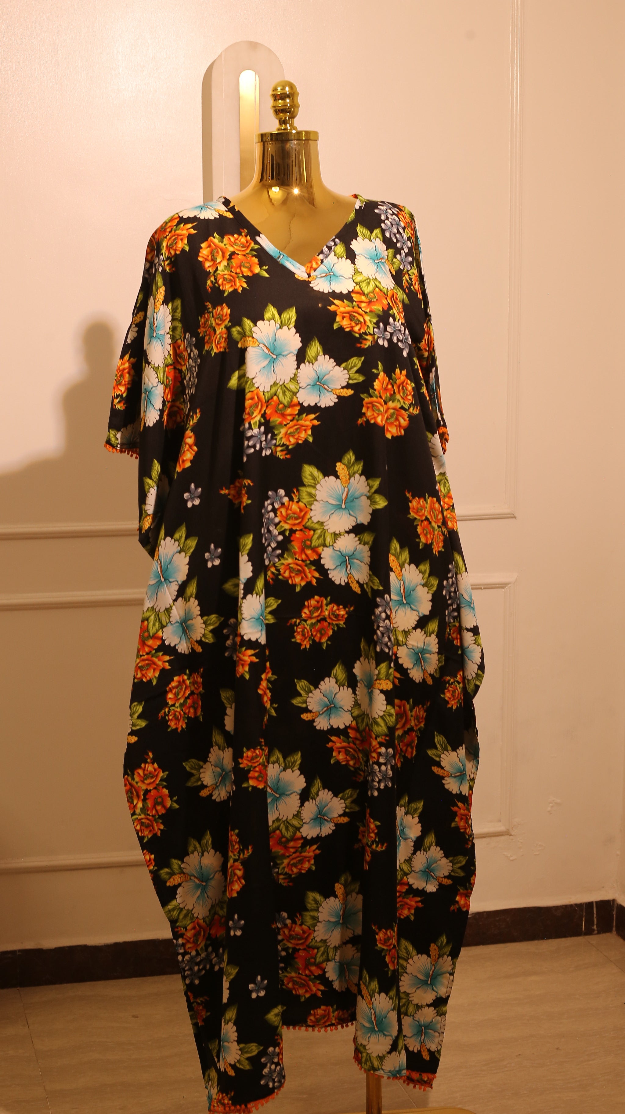 Kaftan Dress Made From Black Floral-Print Viscose Chiffon Fabric