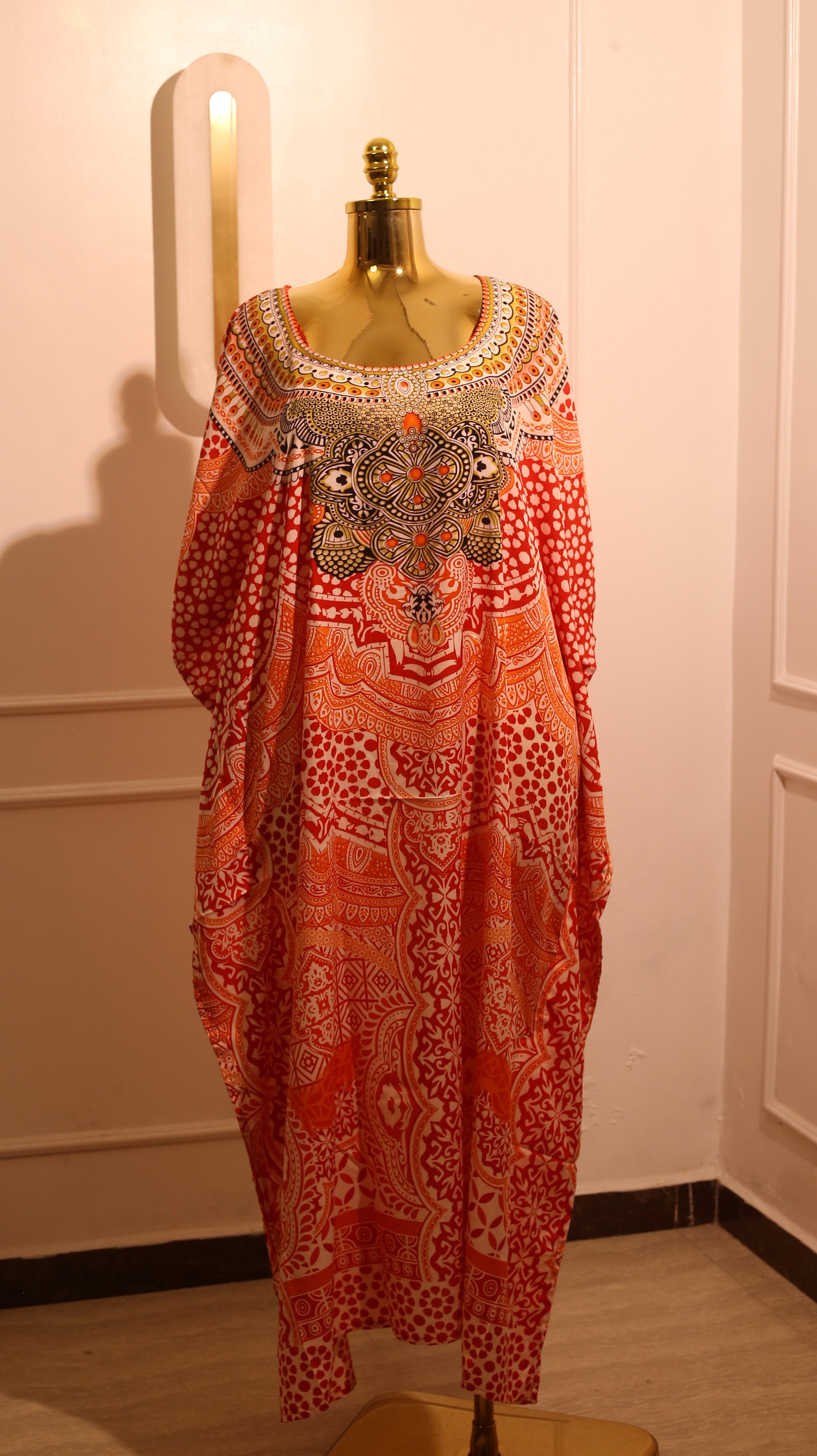 Red And White Printed Kaftan Dress With An Embellished Neckline