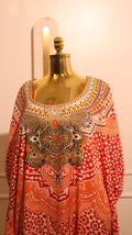 Red And White Printed Kaftan Dress With An Embellished Neckline