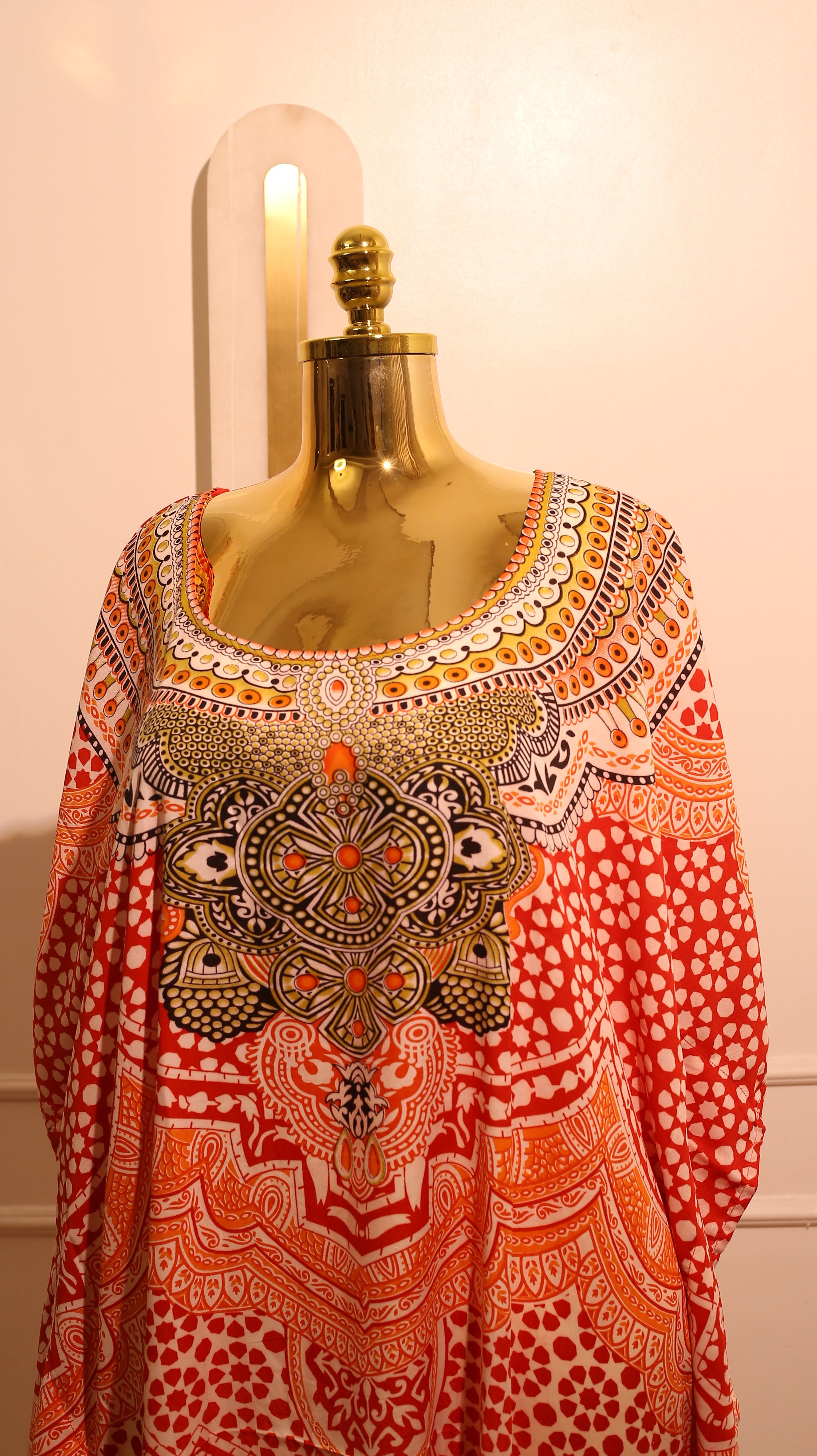 Red And White Printed Kaftan Dress With An Embellished Neckline