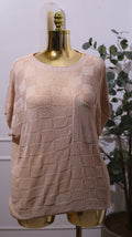 Lattice Textured Knit Short Sleeve Sweater In A Light Beige Or Khaki Color