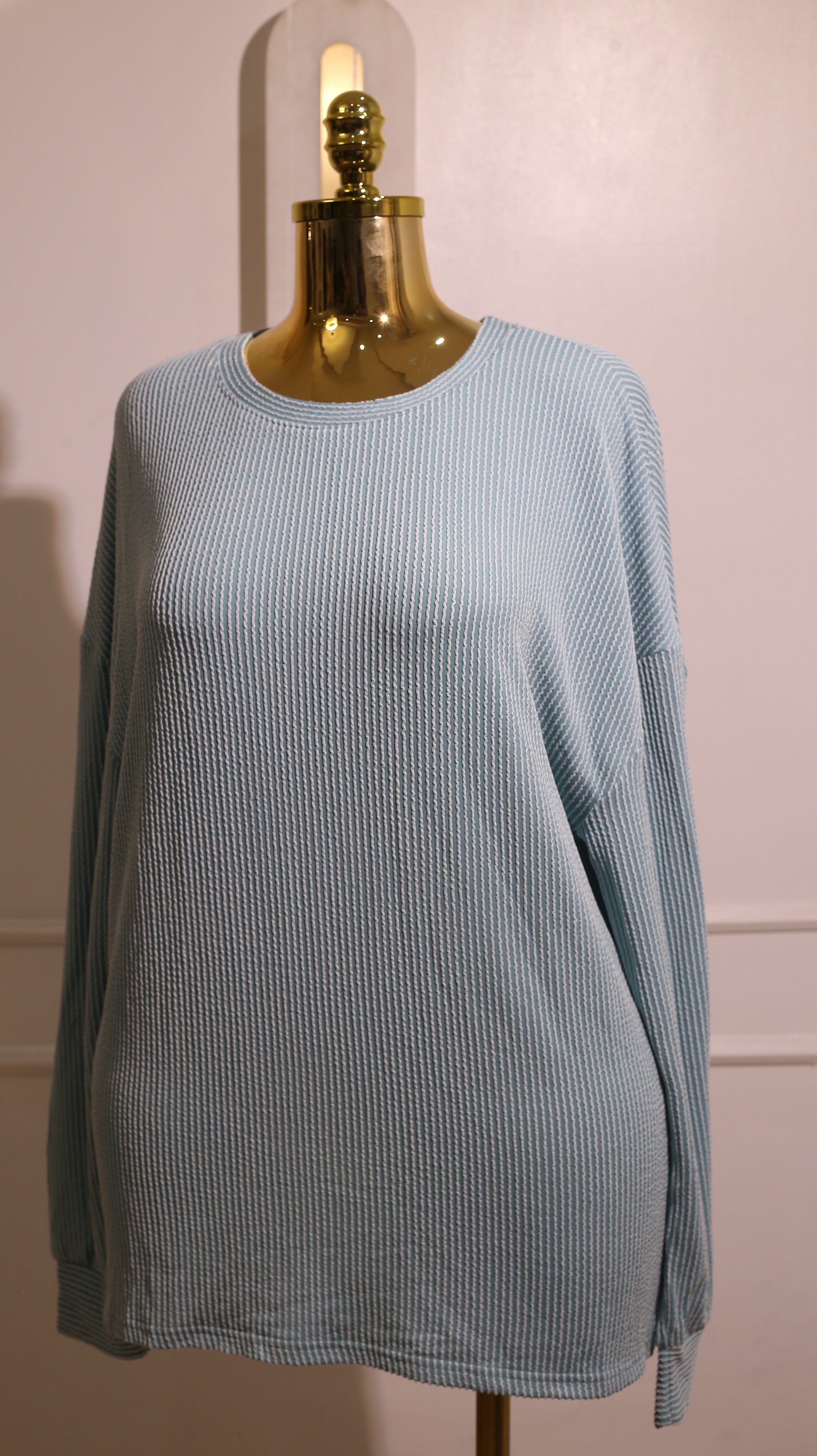 Light Blue And White Striped Seersucker Long-Sleeve Top