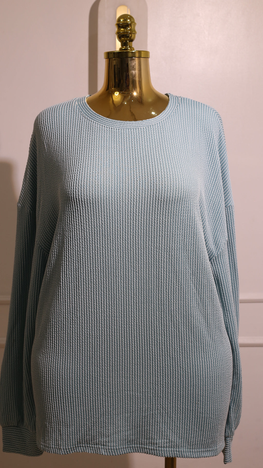 Light Blue And White Striped Seersucker Long-Sleeve Top
