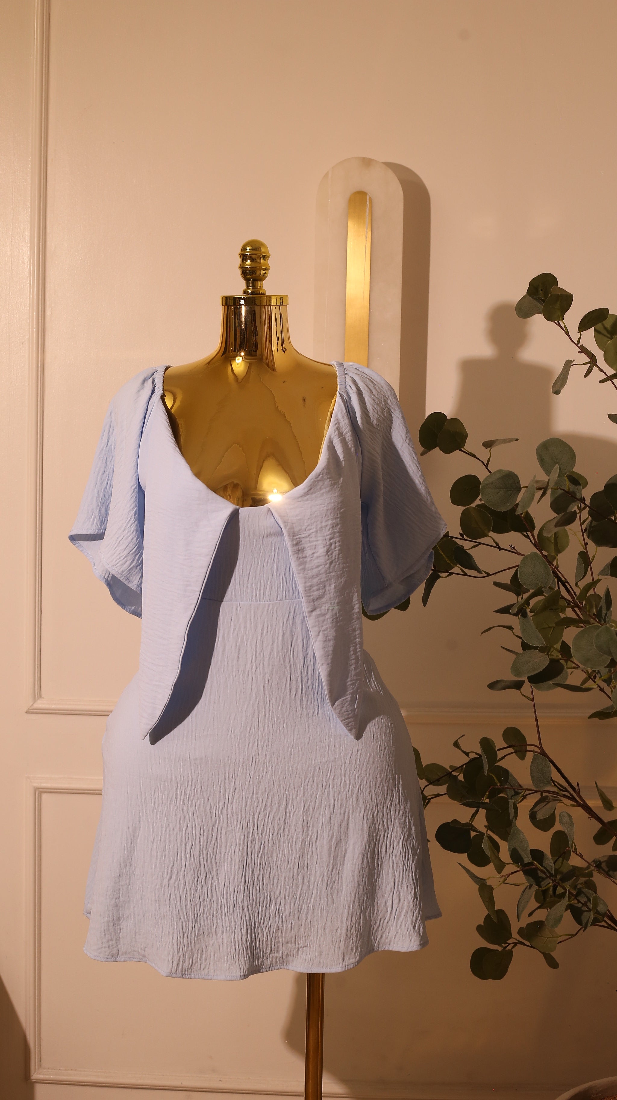 Light Blue Puff Sleeve Babydoll Solid Mini Dress